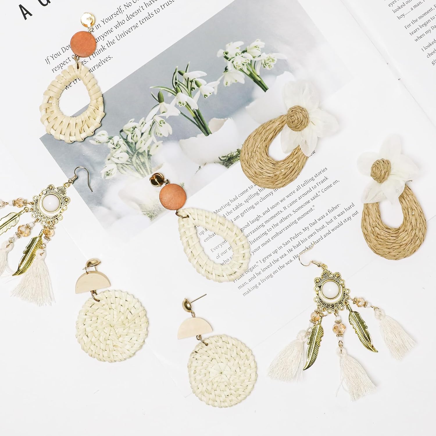 4 Pairs Rattan Earrings - Beach Essentials Geometric Tassel Woven Bohemian Straw Wicker Braid Hoop Drop Dangle Earrings for Women - Image 6