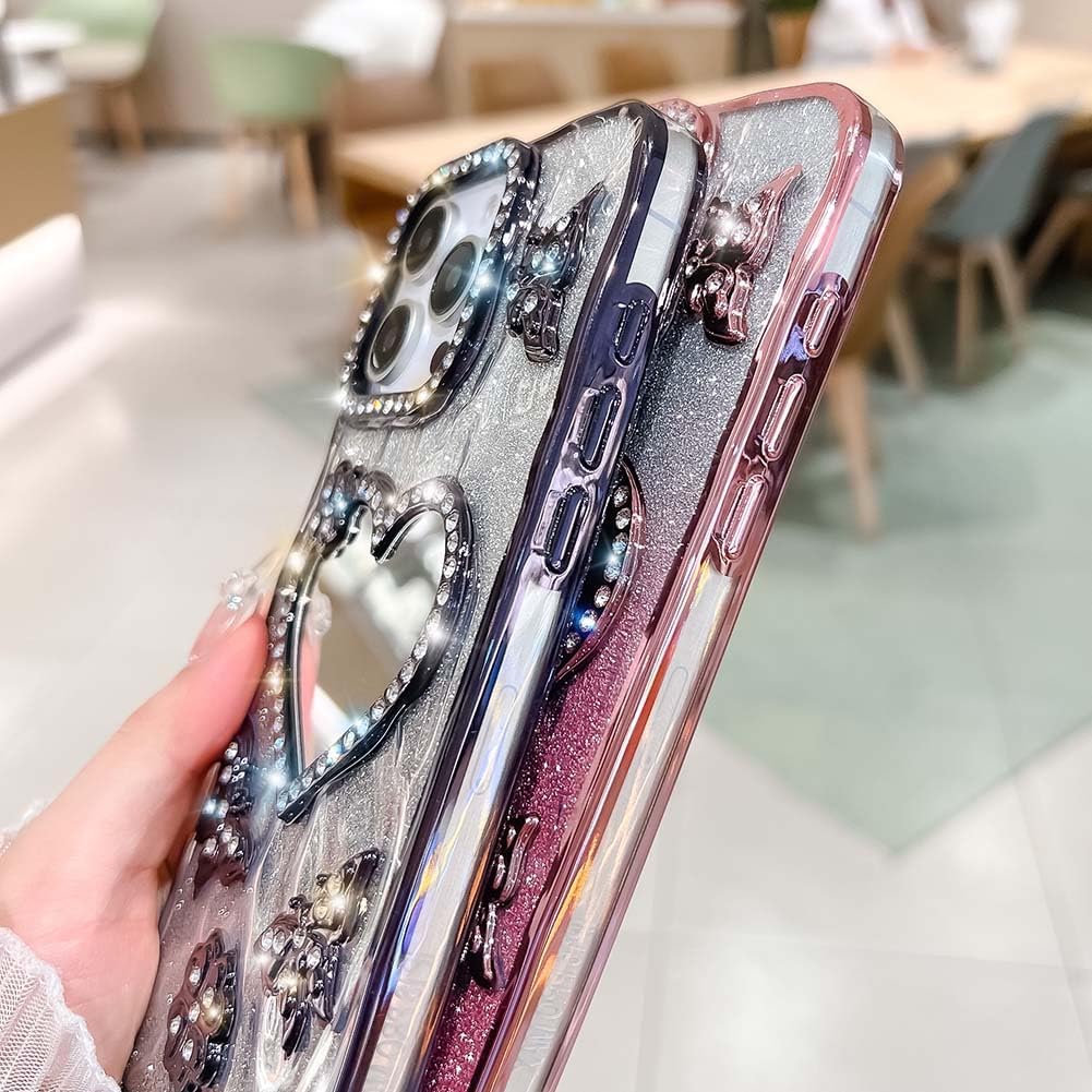 KERZZIL Trendy Girly Heart Mirror Compatible with iPhone 16 Pro Max Case, Elegent Cute Slim Women Bling Glitter Diamond Rhinestones Plating Butterfly Phone Cases(Rose Gold,16 Pro Max) - Image 4