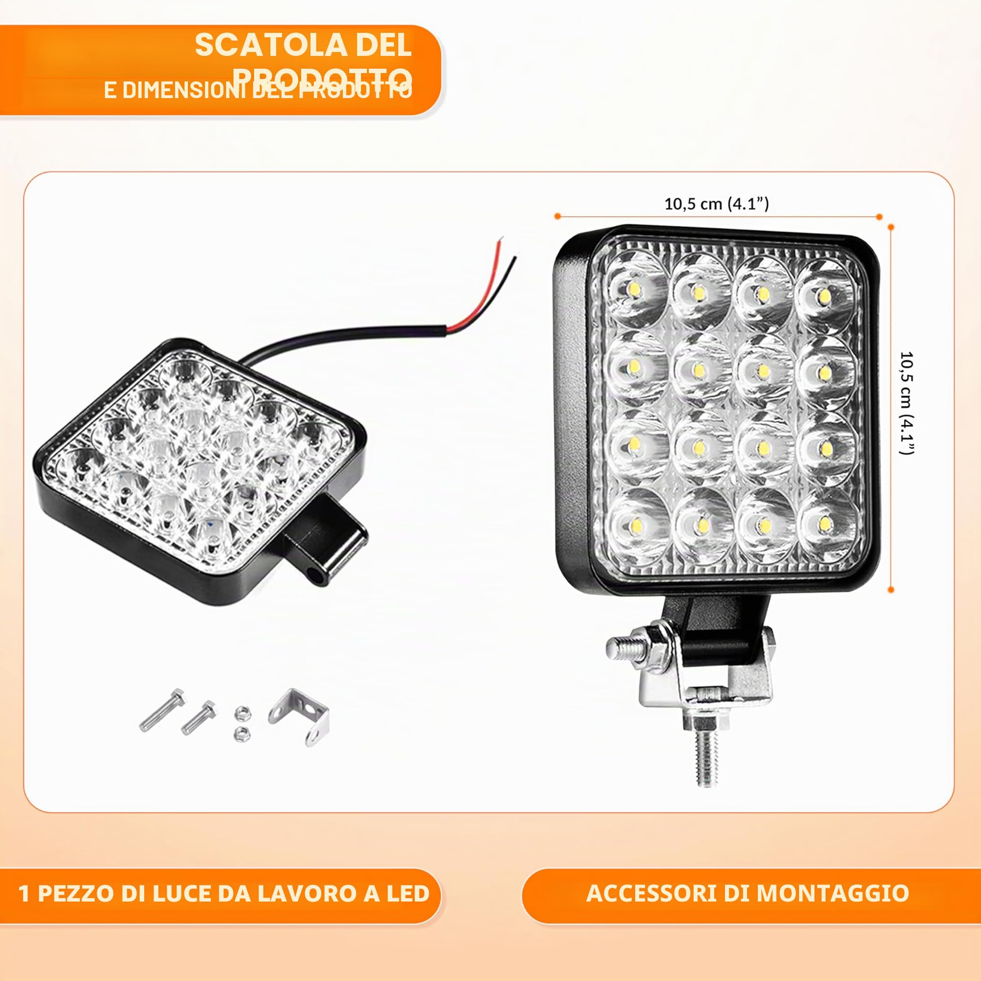 Fari led trattore 12v 24v alluminio abs 48W 16 led 6500K 10.5 cm 4.21"