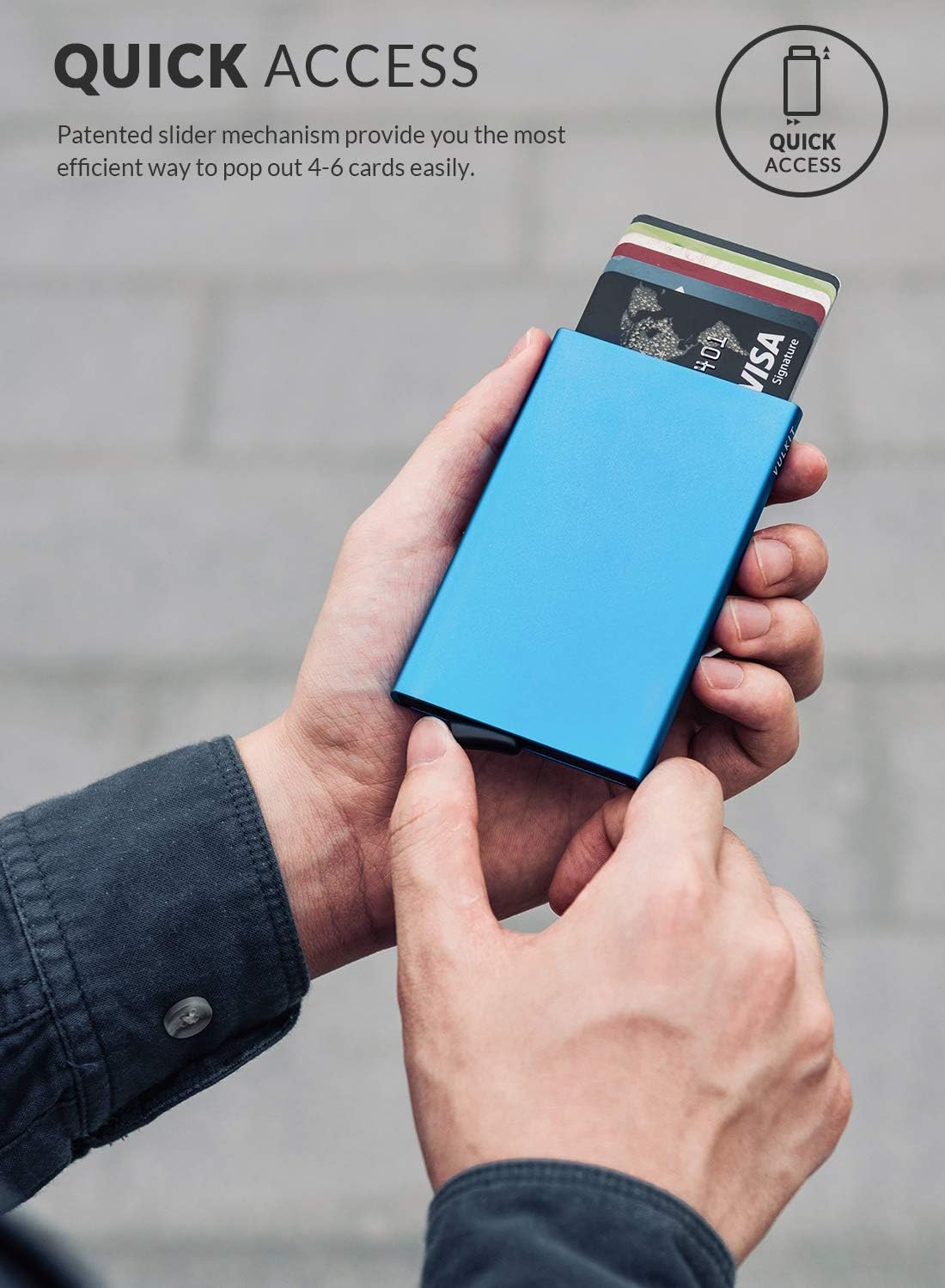 VULKIT Pop Up Wallet, Slim Minimalist Credit Card Holder For Men and Women RFID Blocking Mini Metal Case Blue - Image 2