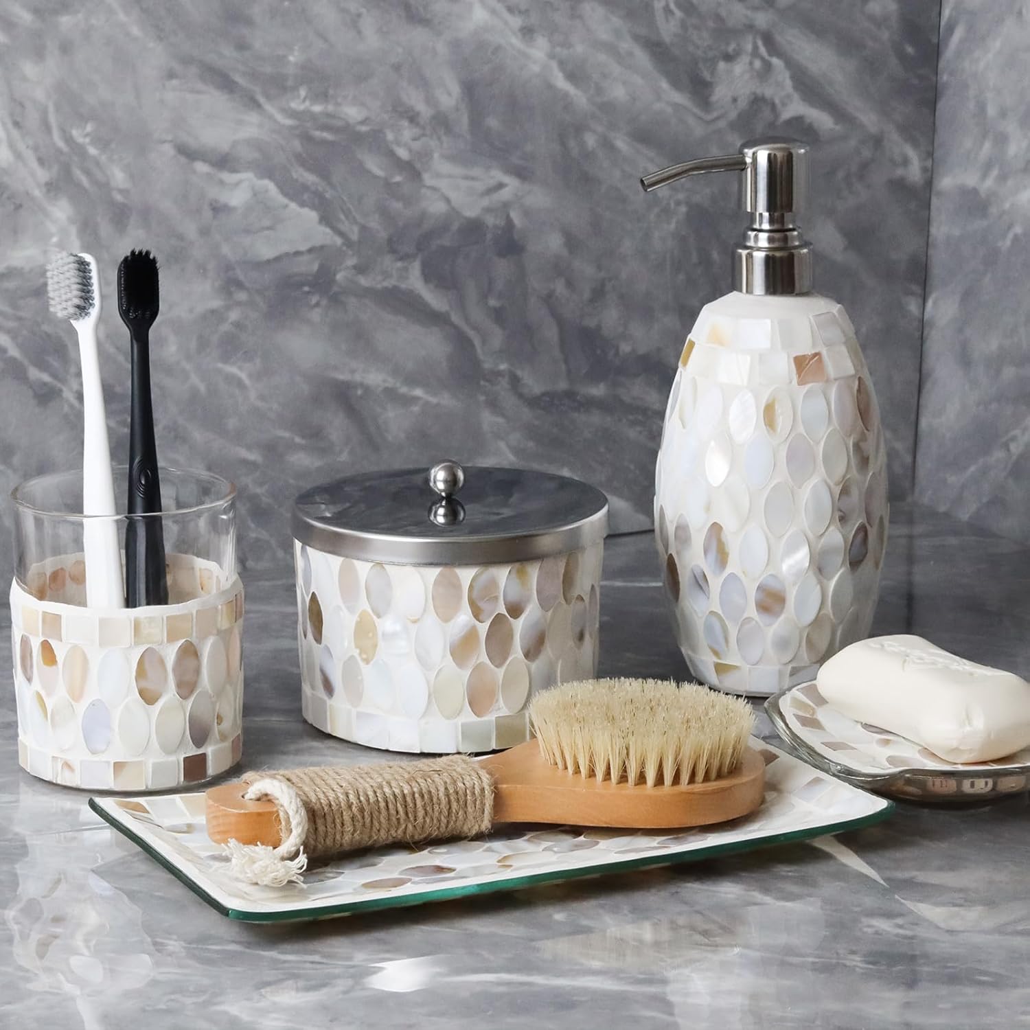 WDHODEC Mosaic Bathroom Accessory Set 5PCS with Natural Shell & Glass Soap Dispenser Cotton Jar Soap Dish Vanity Tray Tumbler for Hotels, Modern Bathroom Counter and Sink Decoration White