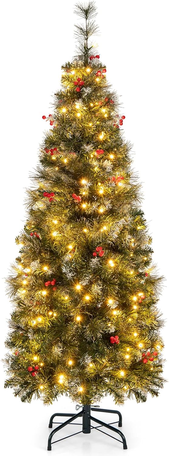 GOFLAME 5 FT PreLit Pencil Christmas Tree, Hinged Artificial Xmas Tree with Pine