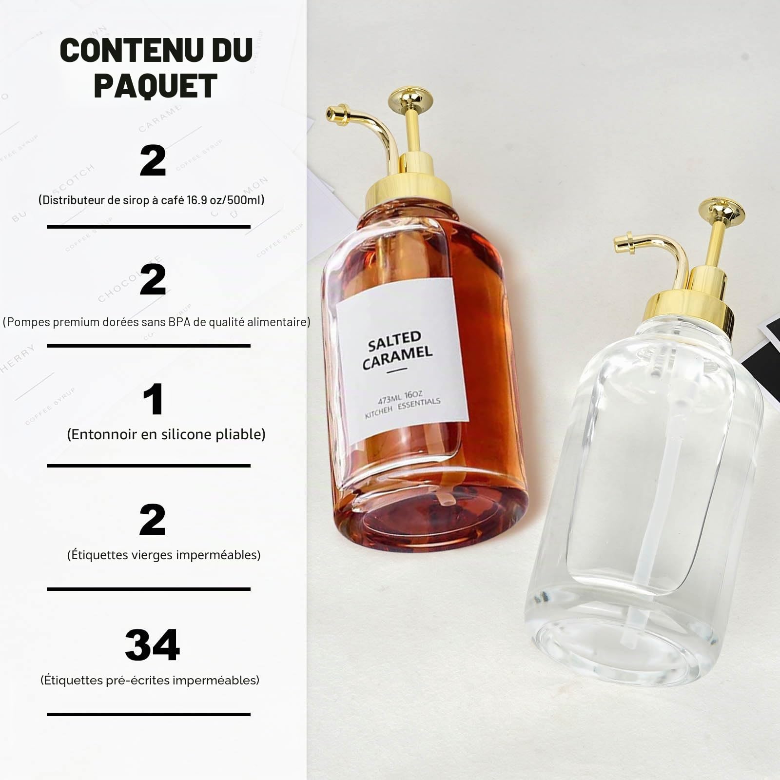 Lot de 2 distributeurs de sirop de café en verre de 500 ml, distributeur de miel avec 36 étiquettes étanches et entonnoir et pompe pour accessoires de cuisine, café, bar (doré)