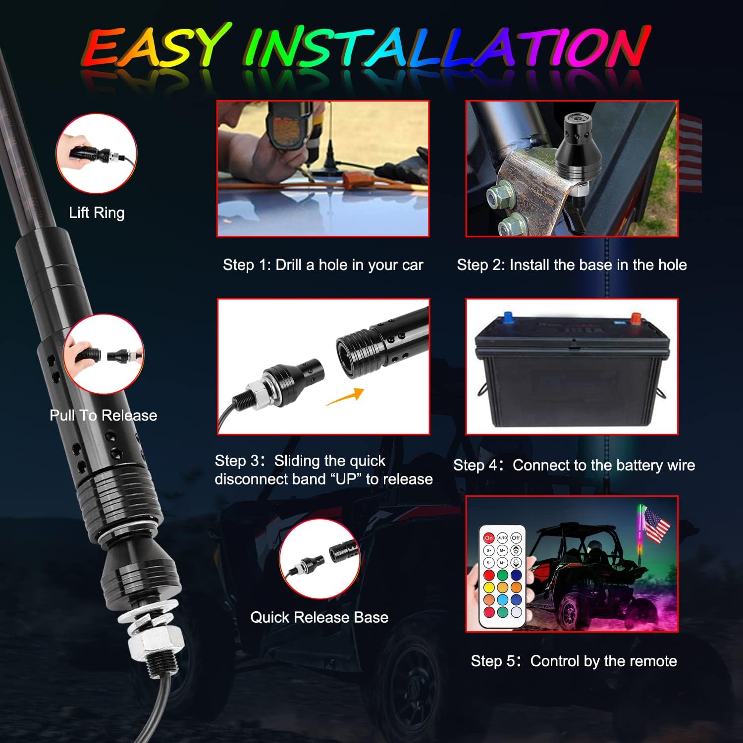 3FT LED Whip Light, Niwaker Smoked Black RGB Whip Light Kits with RF Remote Control RGB Dancing/Chasing Lights Antenna LED Whip for ATV UTV Off Road Truck Polaris RZR Can Am Golf Cart Dune Buggy