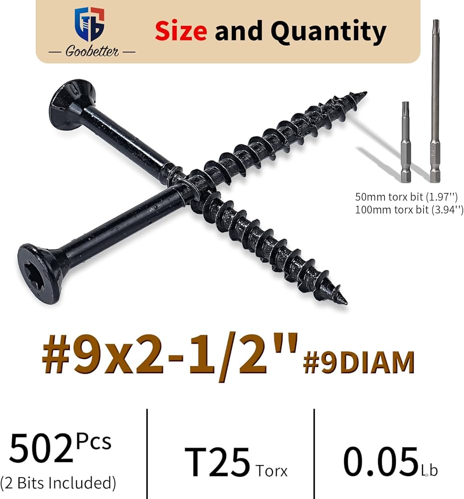 Goobetter Deck Screws 2 1/2 inch, 500 Pcs Wood Screws #9 x 2