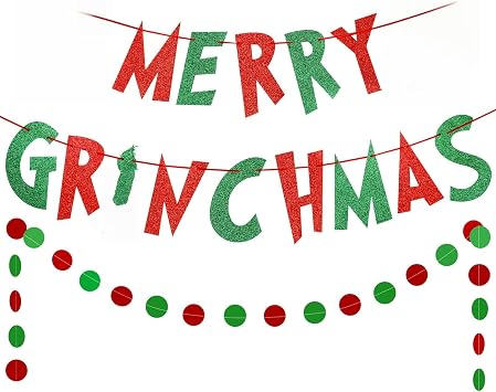 Red and Green Merry Grinchmas Banner Merry Christmas Grinches Banner for Grinchmas Christmas Party Decorations