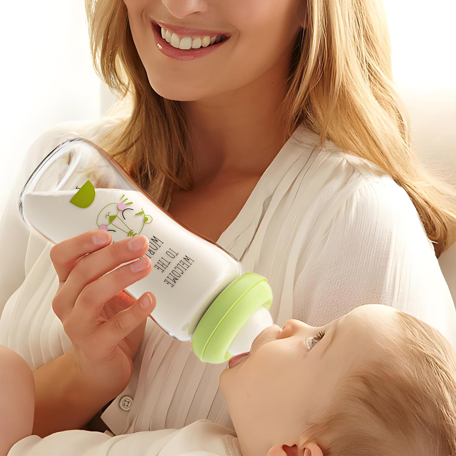 YOHKOH Natural Glass Baby Bottle with Level 2 Medium Flow Nipple, Newborn Anti-Colic Baby Bottles, Wide Neck Mushroom Baby Glass Bottle (8.8ounce (Pack of 2), Green1)