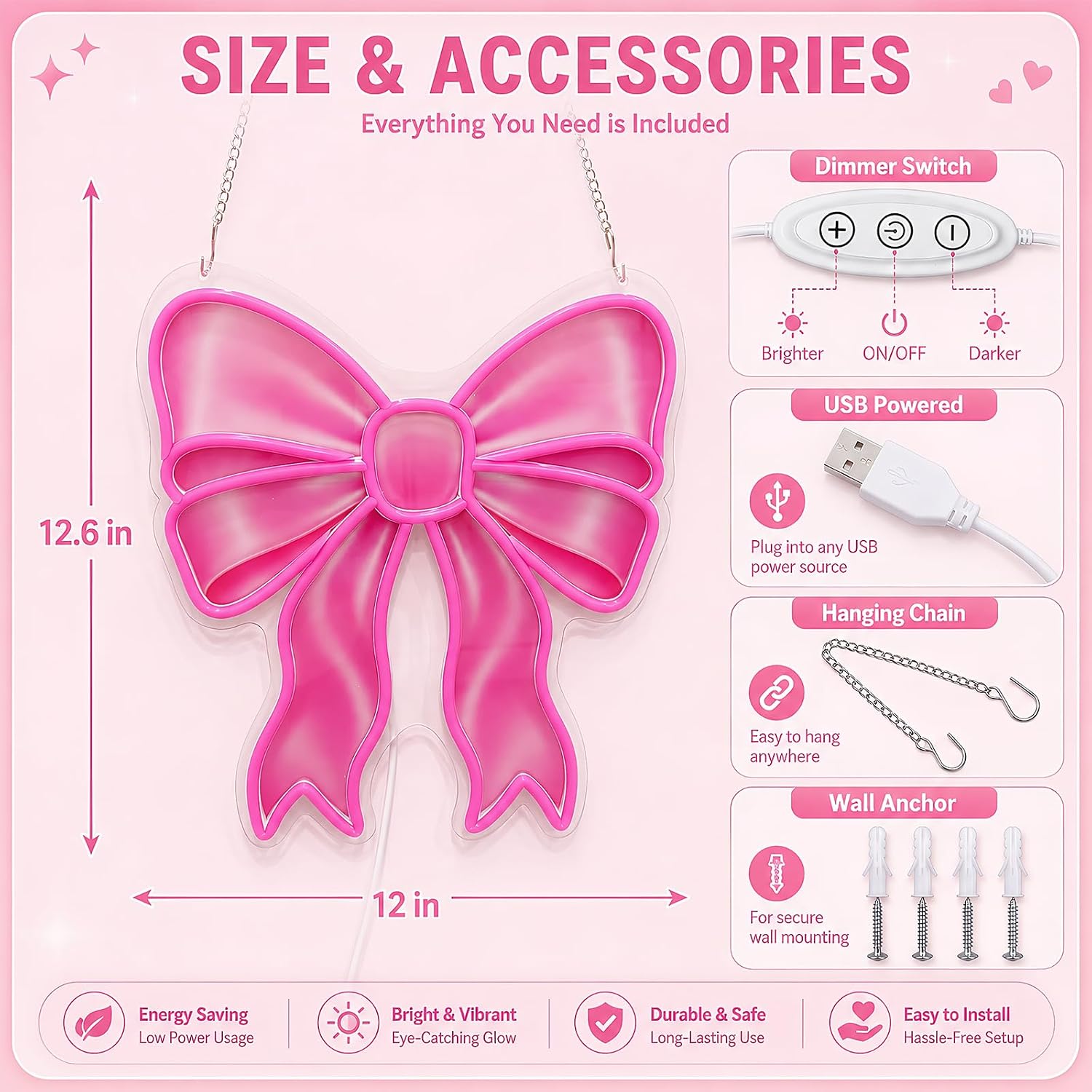 Pink Bow Neon Sign, Dimmable LED Light with Printed Design, Coquette Bow Decor for Girls Room, Pink Wall Decor for Bedroom, Dorm and Beauty Salon, Gifts for Teen Girls, 12 x 12.6 in image 2