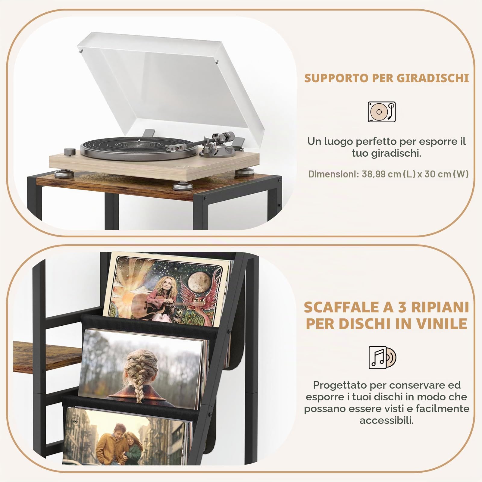 Bikoney Supporto Giradischi Vinili, Supporto Chitarra per Acustica, Elettrica e Basso con Supporto Amplificatore, Supporto Giradischi a 3 Livelli Fino a 200 Album, Tavolo Giradischi per Altoparlante