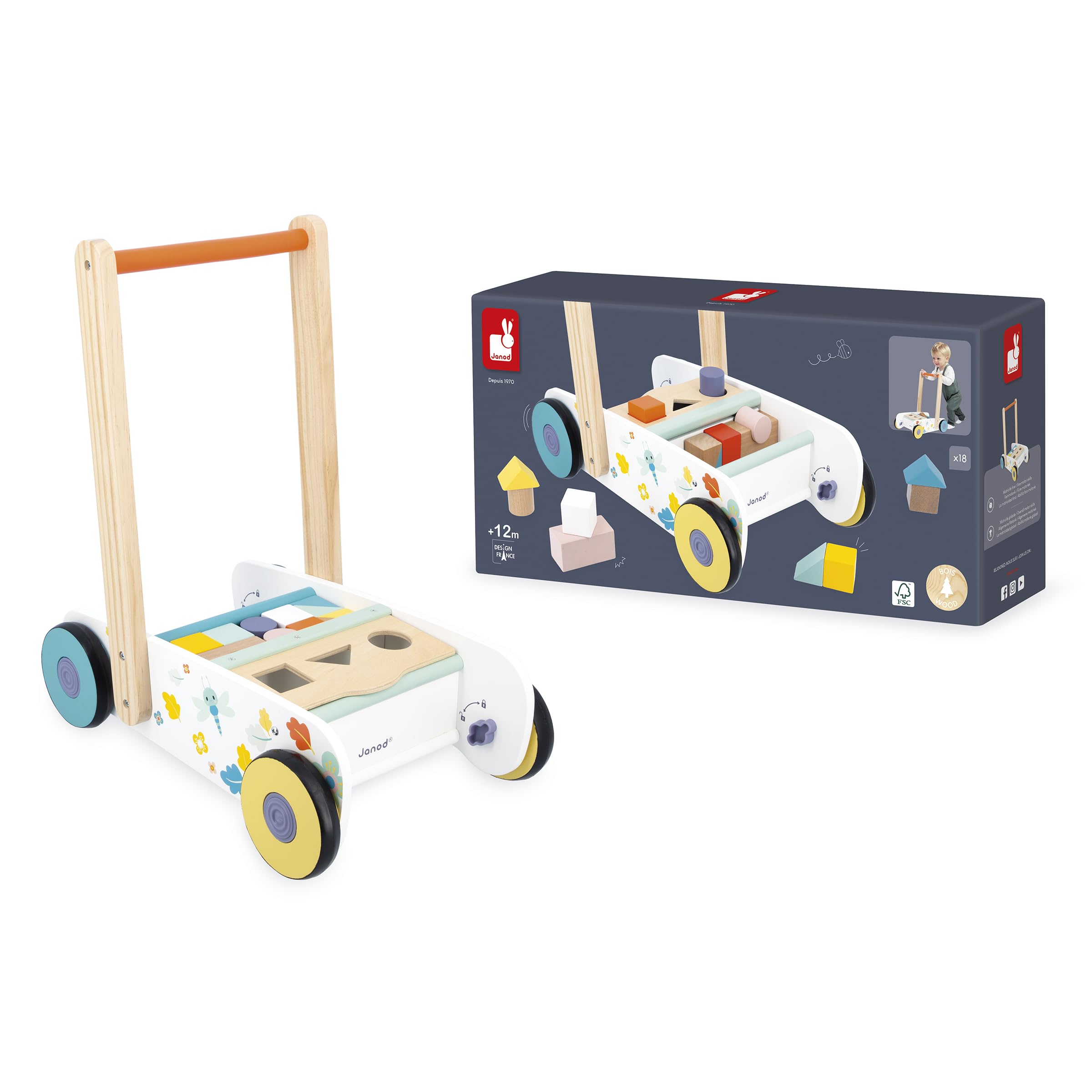 Janod - Carrello da Passeggio in Legno per Neonati e Bambini dai 12 Mesi - 18 Pezzi in Legno Inclusi + Scatola Sagomata - Ruote silenziose + Sistema frenante - dai 12 Mesi