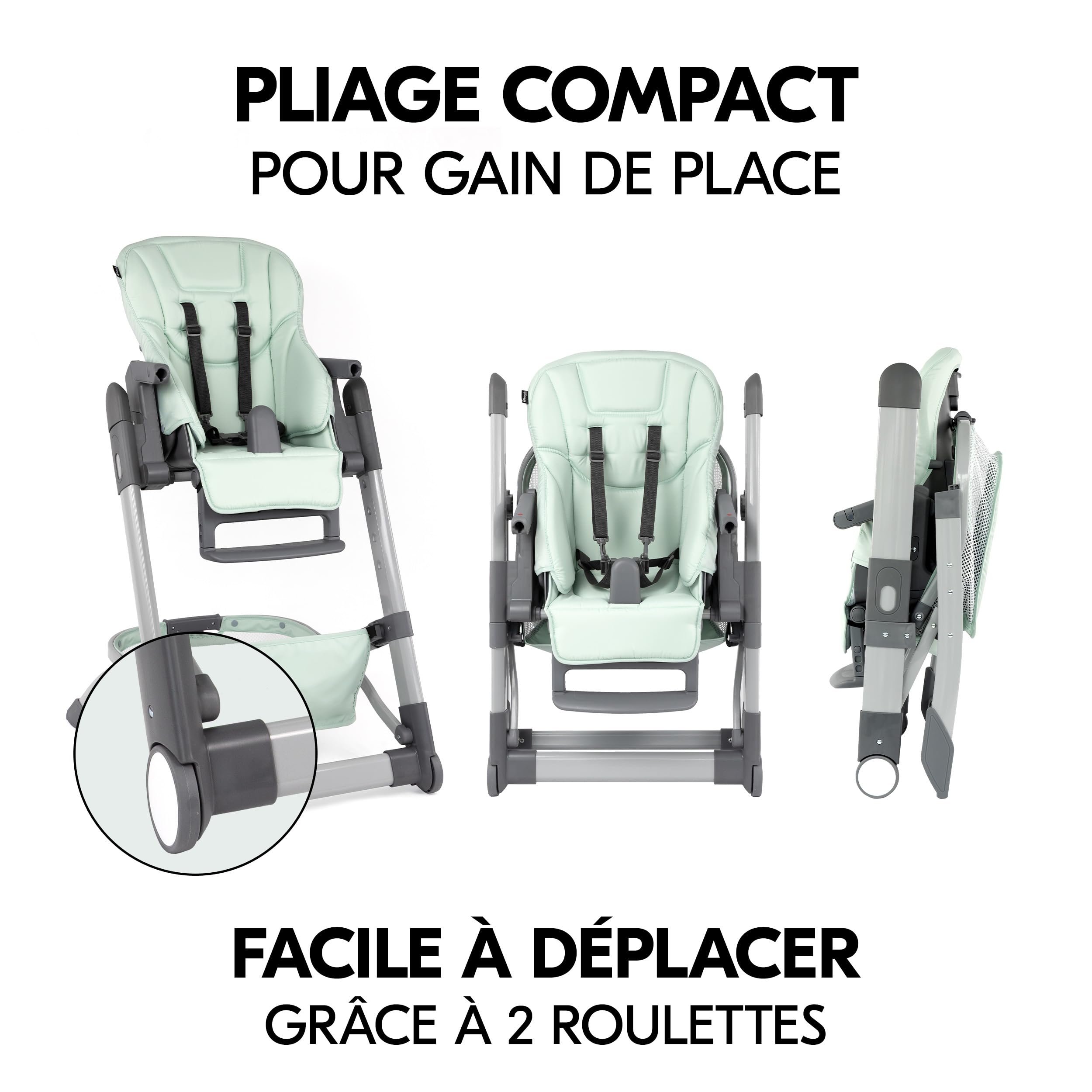 hauck Chaise Haute Bébé Evolutive Grow Up – Menthe | Chaise haute pliable avec dossier réglable dès la naissance I Hauteur ajustable, avec tablette et roulettes