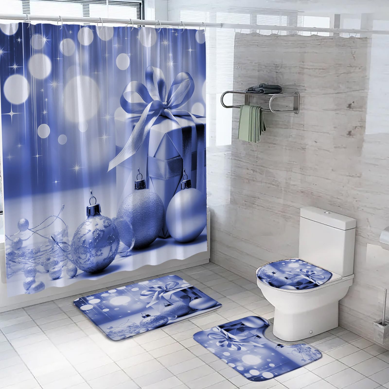 Ensemble de 4 Rideaux de Douche Joyeux Noël avec Tapis, Housse d'abattant de Toilette et Tapis, Ensemble de Rideaux de Douche de Salle de Bain avec Crochets et Boules de Noël et Bonne année