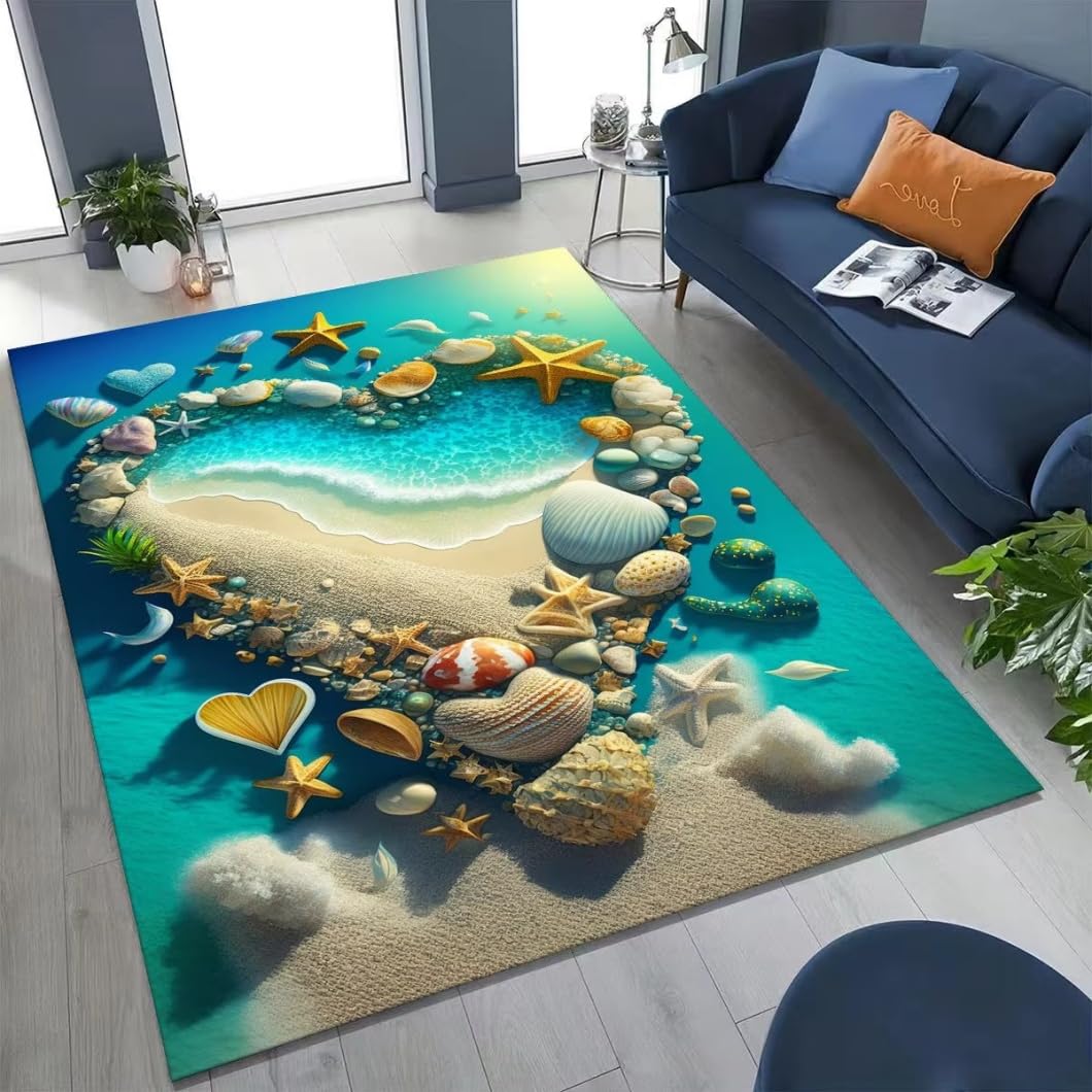 Dywan z nadrukiem rozgwiazdy, muszli, motyw tropikalnego oceanu, antypoślizgowy dywan dekoracyjny do salonu, sypialni, dekoracja domu, kolor 4, 140 x 200 cm