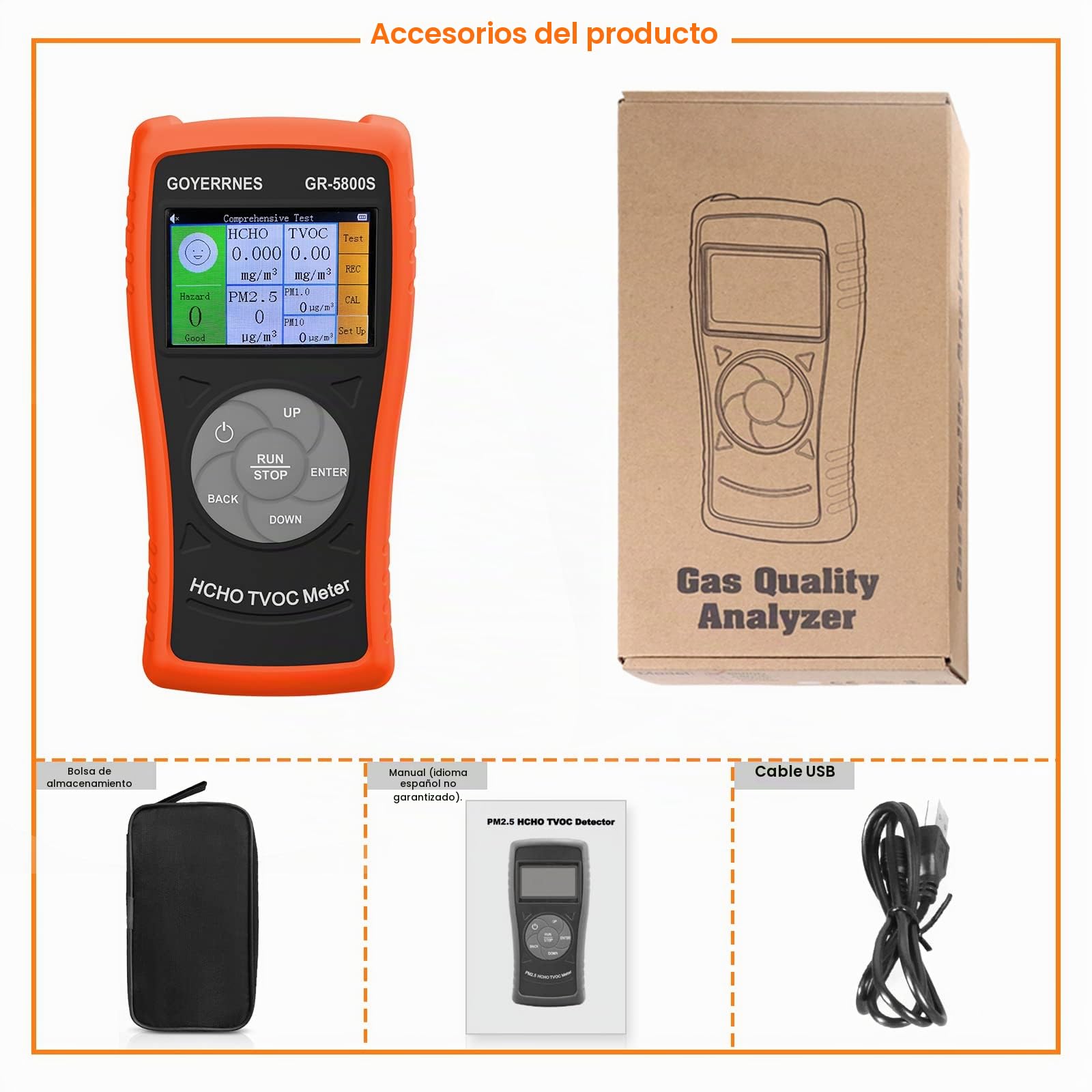 medidor Calidad Aire Interior 3-in-1,GR-5800S Detector HCHO/TVOC con Contador de partículas PM2.5,Detector de Gas de Aire Multifuncional con Pantalla de LCD Grande (Naranja)