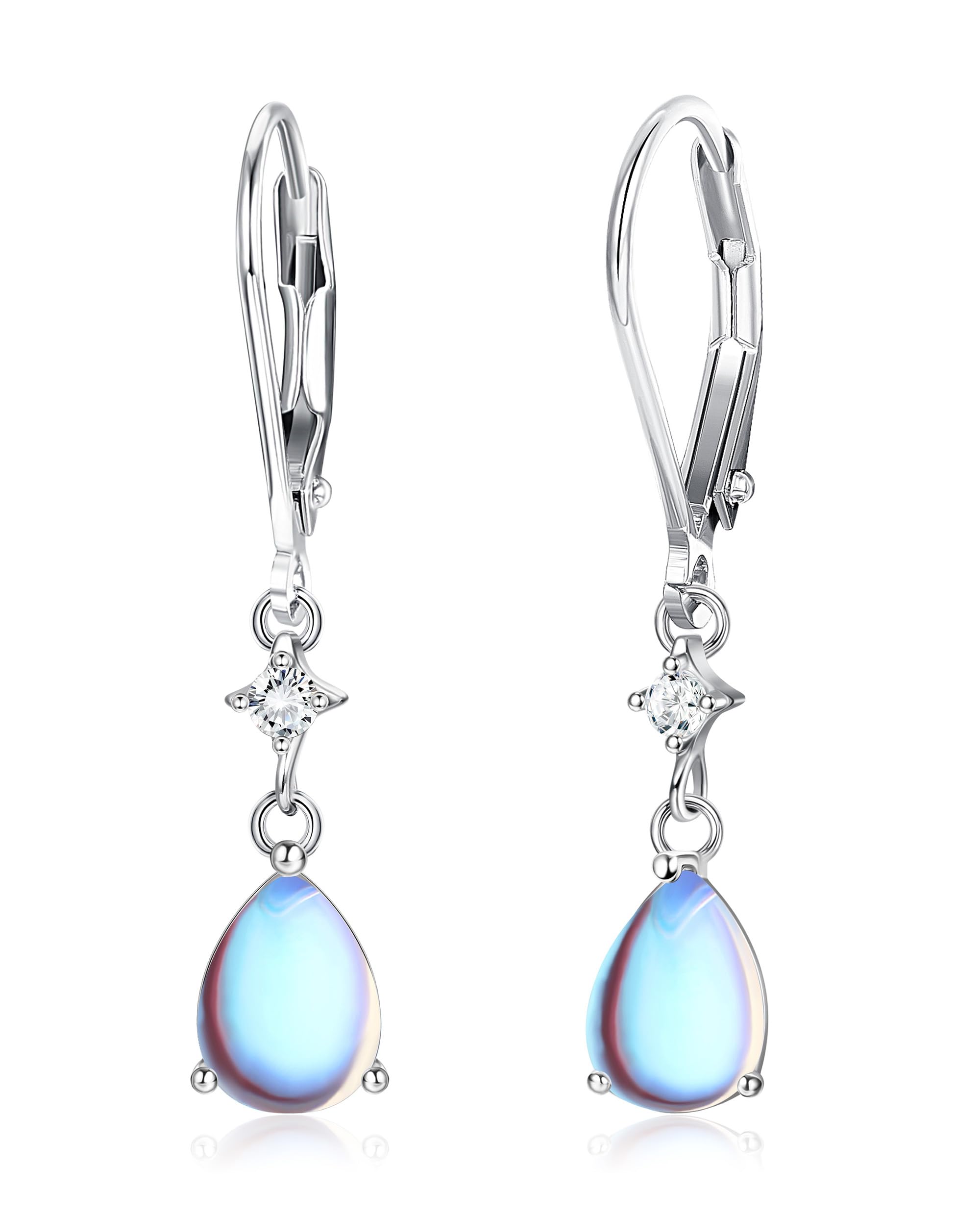 MILACOLATO Pendientes Largos Mujer 925 Plata de Ley Piedra Lunar Cubic Zirconia Aro Dangle Pendientes Leverback Moonstone CZ Hipoalergénico Largos Pendientes Joyería para Mujer Niñas