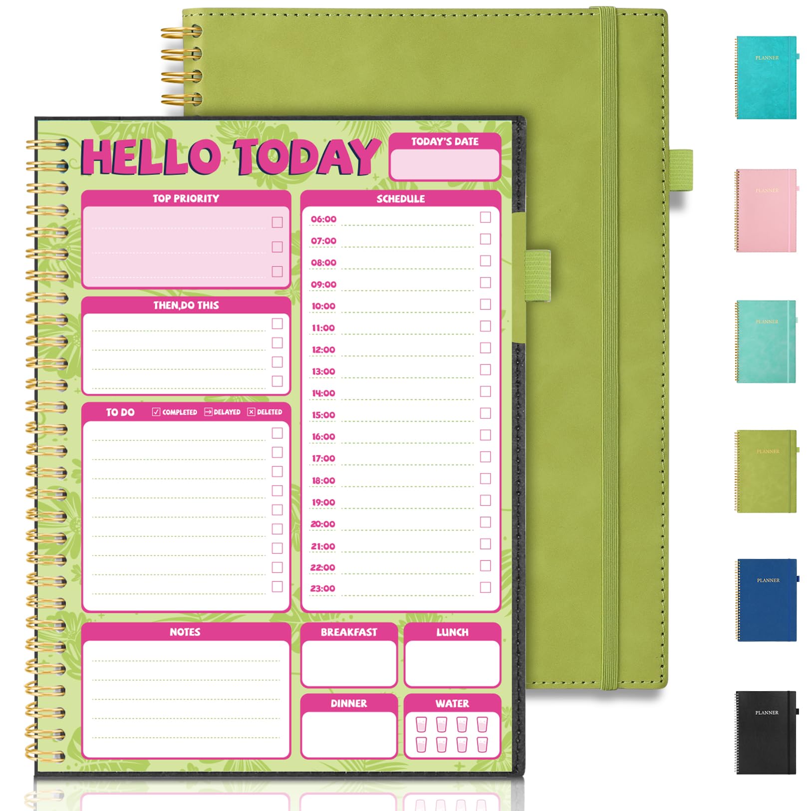 Durable Daily Planner Undated, B5 (7x10"), Improved PU Leather To Do List Notebook With Hourly Schedule, Forvencer Luxurious Spiral Work Planner Organizer Notebook for Men and Women, 160 Pages, Green