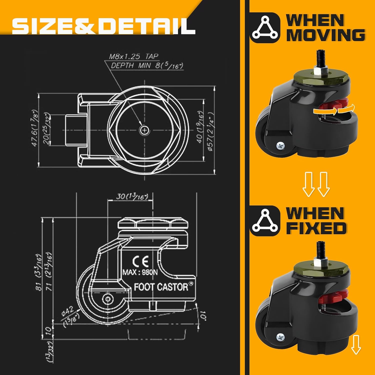 Leveling Casters Retractable Heavy Duty of 440 Lbs Set of 4,Heavy Duty Leveling Casters Machine Leveling Feet Plate Castors for Workbench, Heavy Furniture,Machine Equipment-1.5 INCH