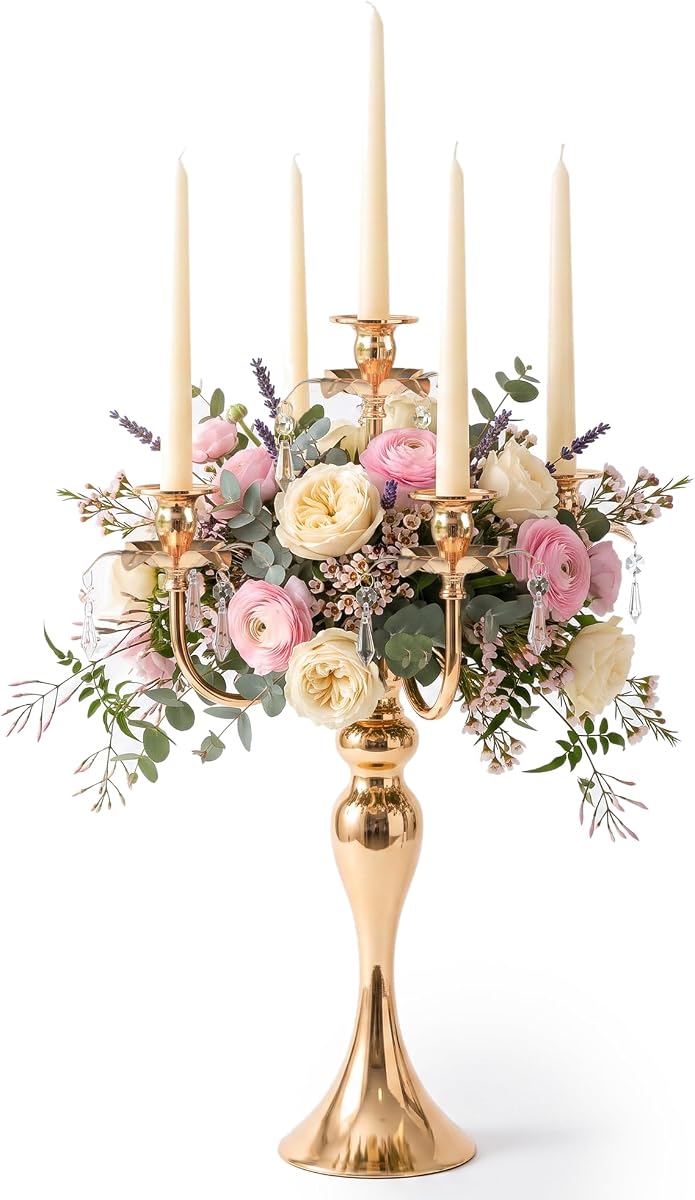 20.3'' Tall 5 Arm Gold Candelabra Centerpiece for Table, Metal &Crysyal Candle Holder, Retro Candelabra/Candlestick Table Centerpieces for Party, Events, Home, Wedding Decor (1pc, Gold)