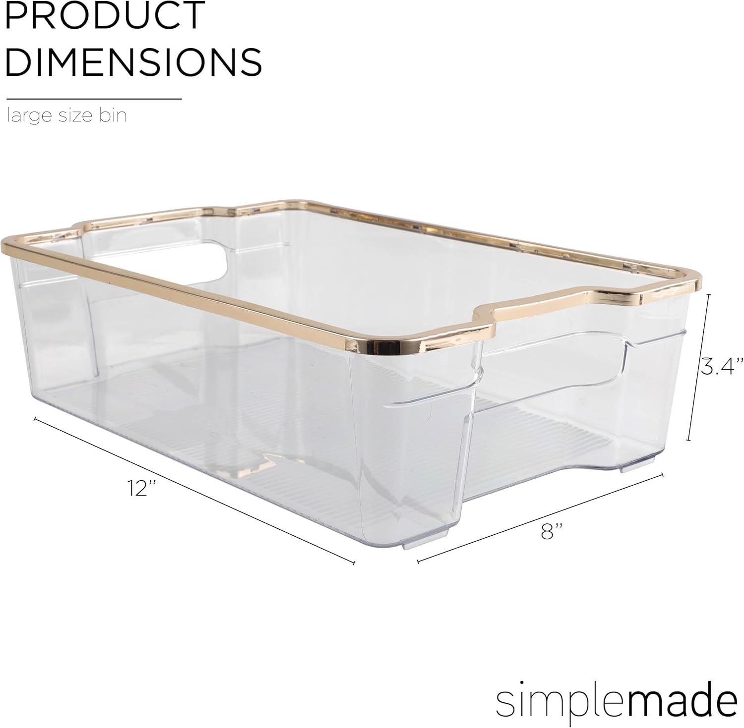 SIMPLEMADE Clear Refrigerator Organizer Bins - Clear Bins for Fridge, Containers for Fridge and Freezer, Multipurpose Storage for Kitchen, Office, Bathroom, Gold Rim (8" x 12")