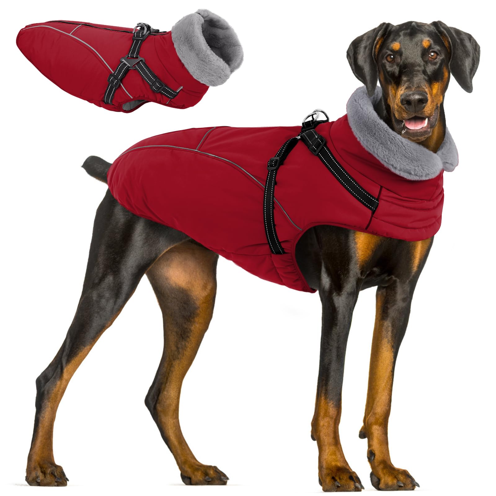 Queenmore 3XL Windproof Dog Coat UK | Full Coverage Dog Jacket Waterproof | Harness Integrated Design for Giant Breed Great Dane/Golden Retriever(Red, 3XL) — image 1