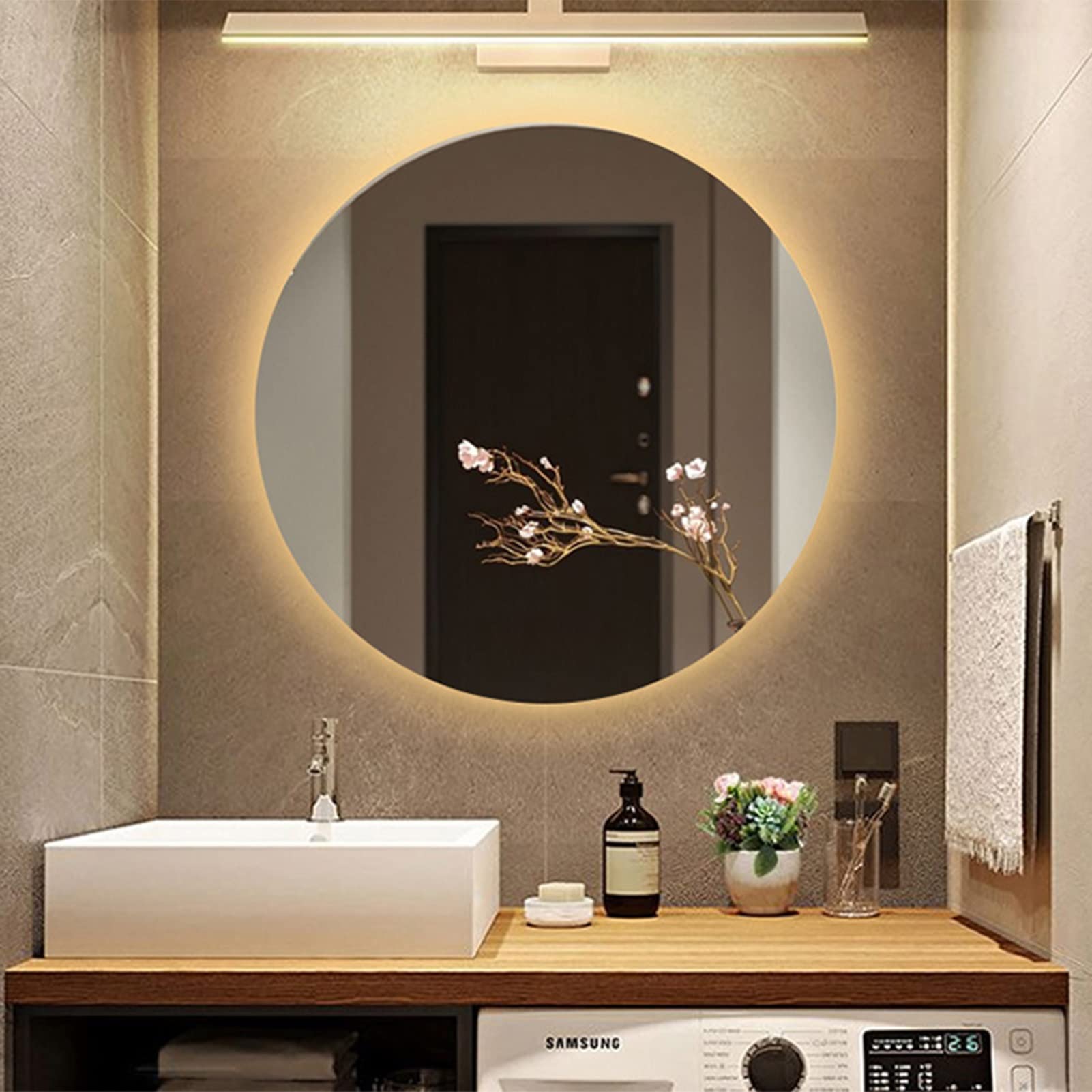 Miroir De Salle De Bain LED Rond, Intensité Variable, Température De Couleur Réglable, Miroir De Courtoisie Mural Anti-buée, Miroir Intelligent Étanche Et Incassable Pour Salle De Bain(Color:Warm ligh
