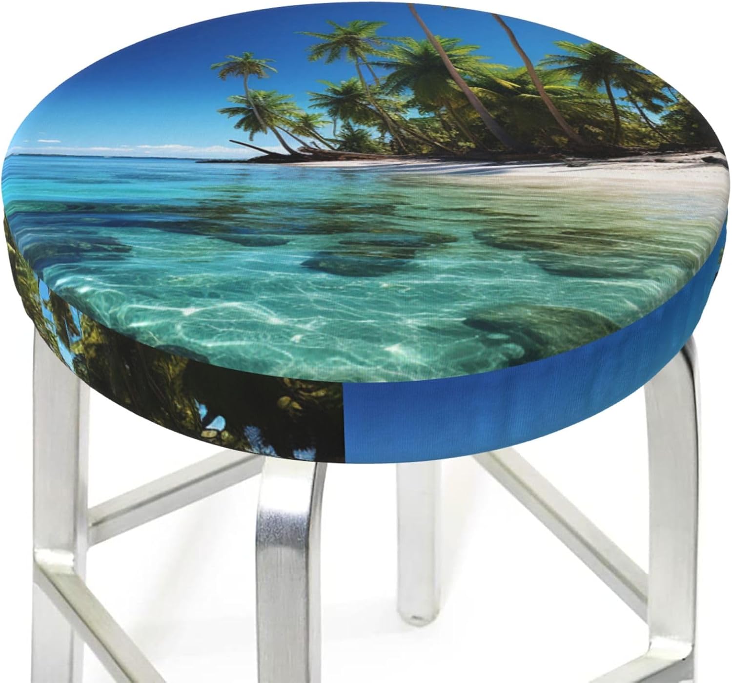 Bar Stool Cover Round Elastic Stool Cushion Covers Palm Trees and Clear Sea Bar Chair Cover Washable Stool Cushion Slipcover Stretch Stool Seat Covers for 12-14 Inch Chair