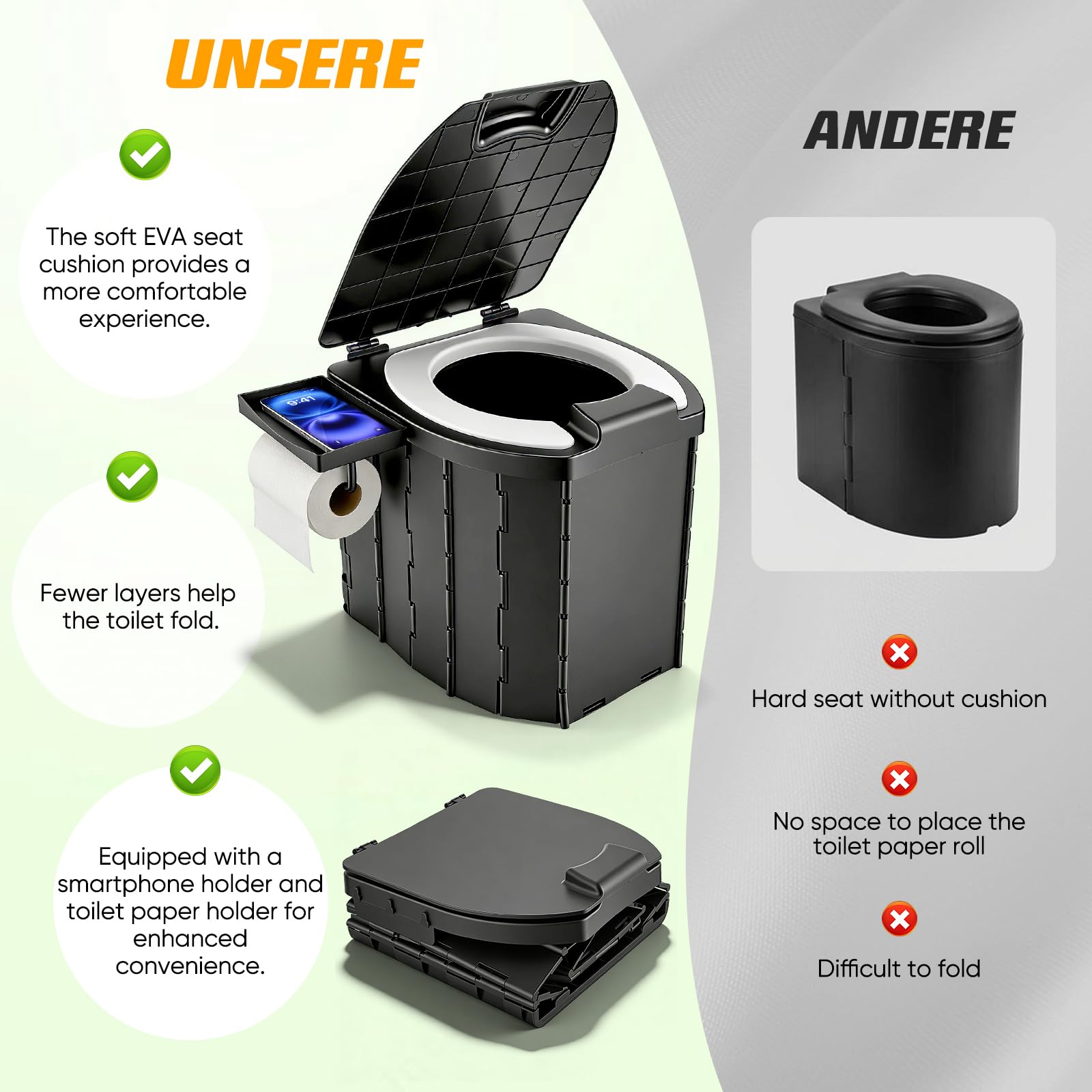 Toilettes de camping compactes et pliables - Hauteur d'assise : 42 cm - Pour adultes - 200 kg - Capacité de 5 l - Avec sac de rangement et sac poubelle - Accessoire de camping parfait pour l'extérieur