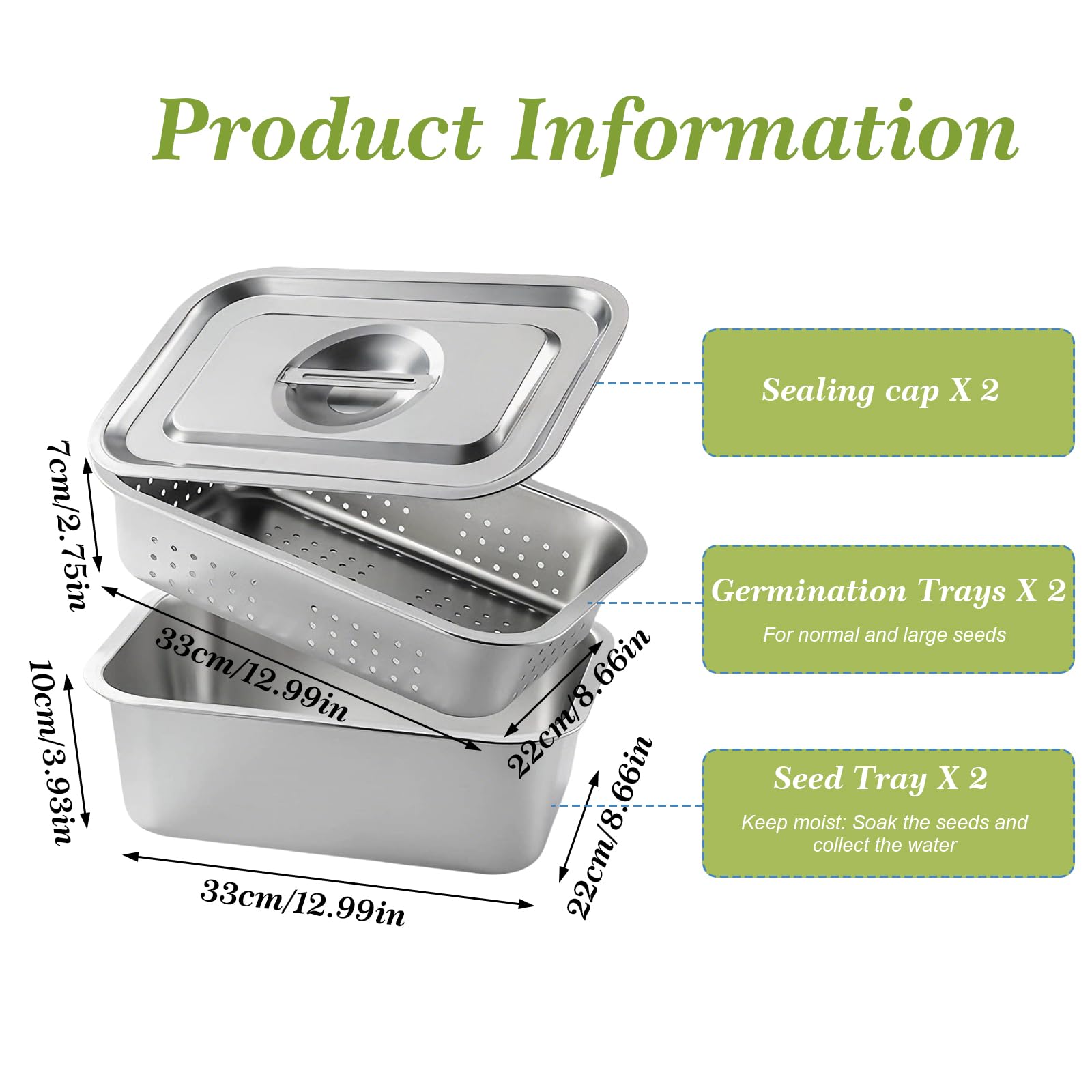 Kit de Germination 2 Pièces en Acier Inoxydable, Plaques de Germination 32x22cm avec Tamis Fin – Bacs de Culture pour Microgreens, Germoir Sans Terre pour Cresson, Luzerne, Haricots – Lave-vaisselle