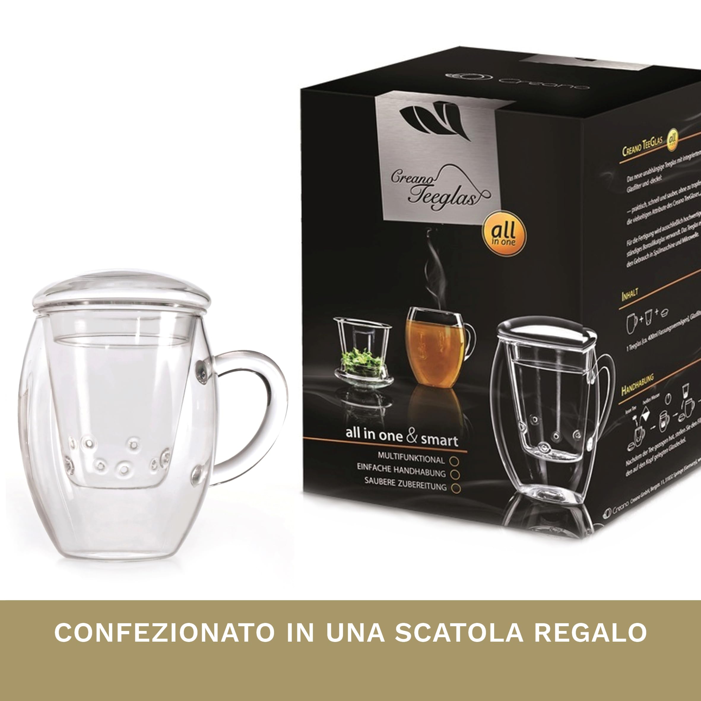 Creano Bicchiere da tè Tutto in uno, grande tazza da tè con colino e coperchio in vetro, 400 ml Una teiera ideale trasparente 1 pezzo (confezione da 1)