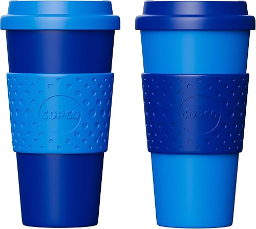 Copco Acadia - Taza de viaje de 16 onzas con tapa, juego de 2 vasos aislados de doble pared, funda antideslizante y sin BPA, apta para microondas y