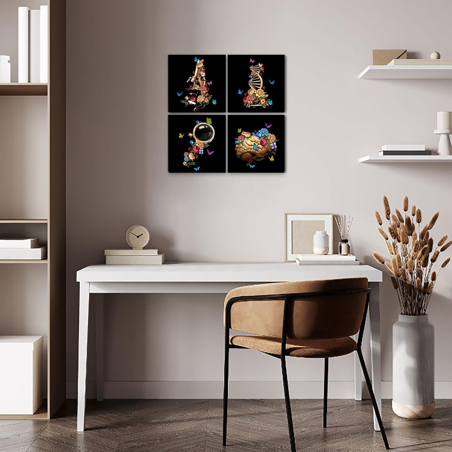 iHAPPYWALL 4 Pieces Science Picture Prints Microbiology Chemistry Wall Art Brain Skull Exploration Art Poster Black White Artwork for School Laboratory Classroom Decor