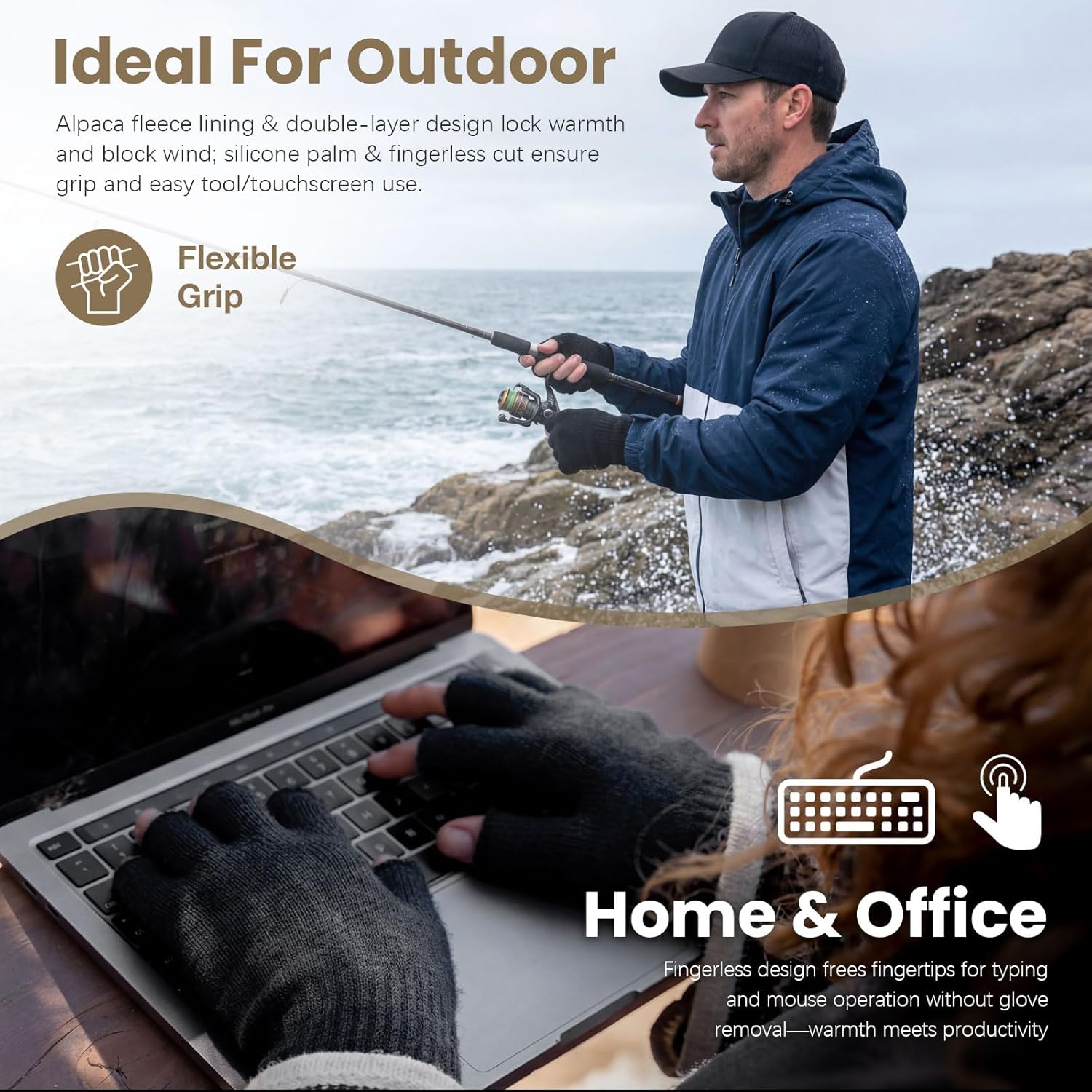 Rahhint Alpaca Wool Fingerless Gloves for Men Women Half Finger Winter Knitted Gloves for Fishing Hunting Driving Typing - Image 5