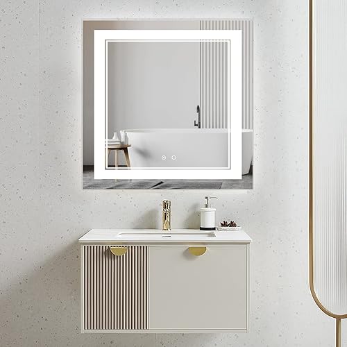Espejo de baño LED de 32 x 32 pulgadas con luces, espejo LED para baño, iluminado, antivaho, regulable ajustable, 3 colores, verticalhorizontal,