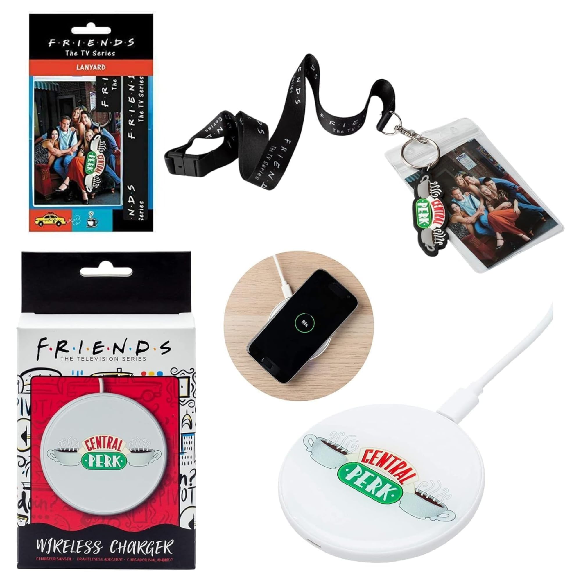 Friends Central Perk Wireless Charger, Central Perk Lanyard & ID/Document Holder Great Value Gift Set, Red,White