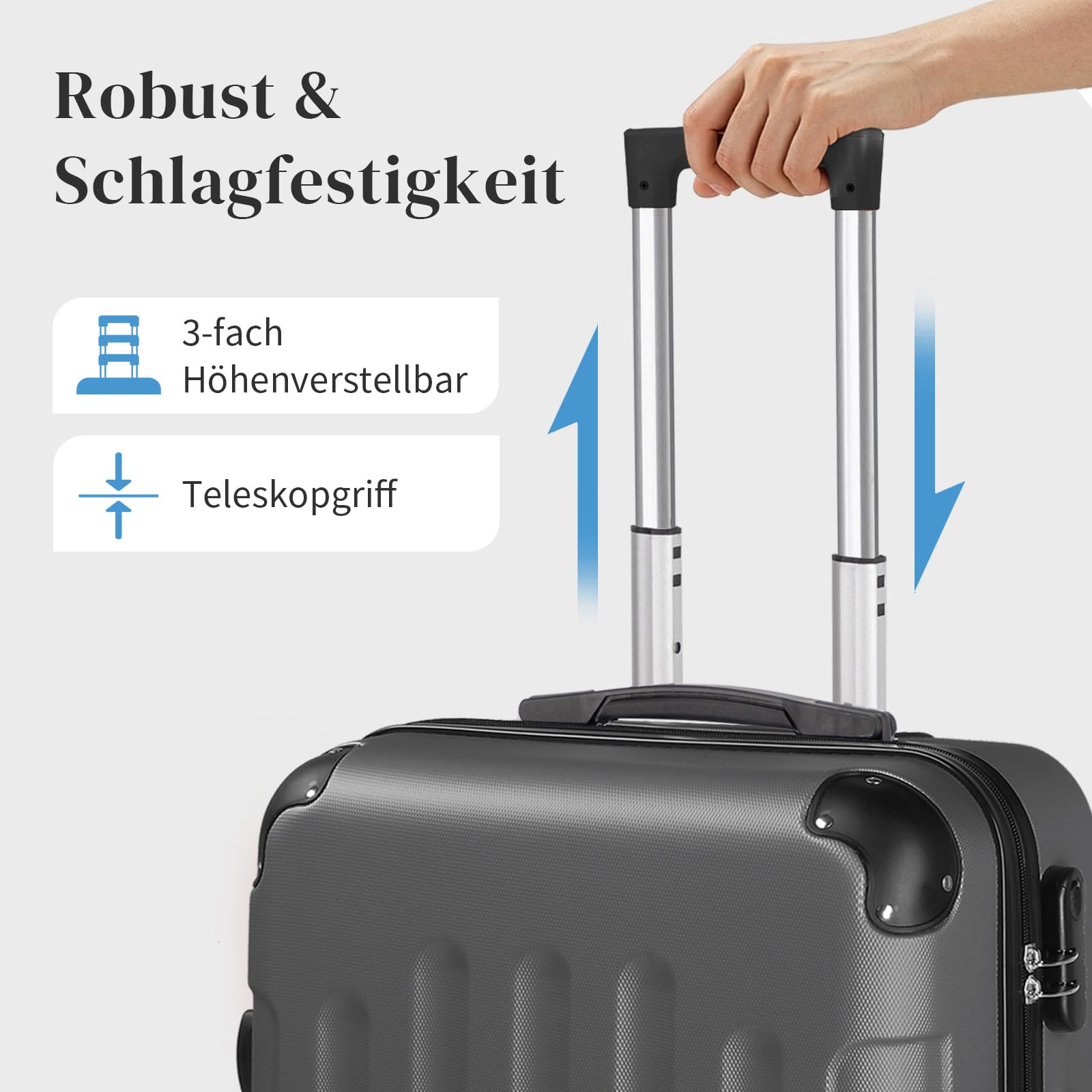 LEADZM Koffer Set 5 teilig Hartschale mit Kosmetikkoffer, Kofferset mit verstärkten Ecken, Reisekoffer mit Rollen Groß, Handgepäck, Hartschalenkoffer Set aus ABS, Koffer & Trolleys (Dunkelgrau)