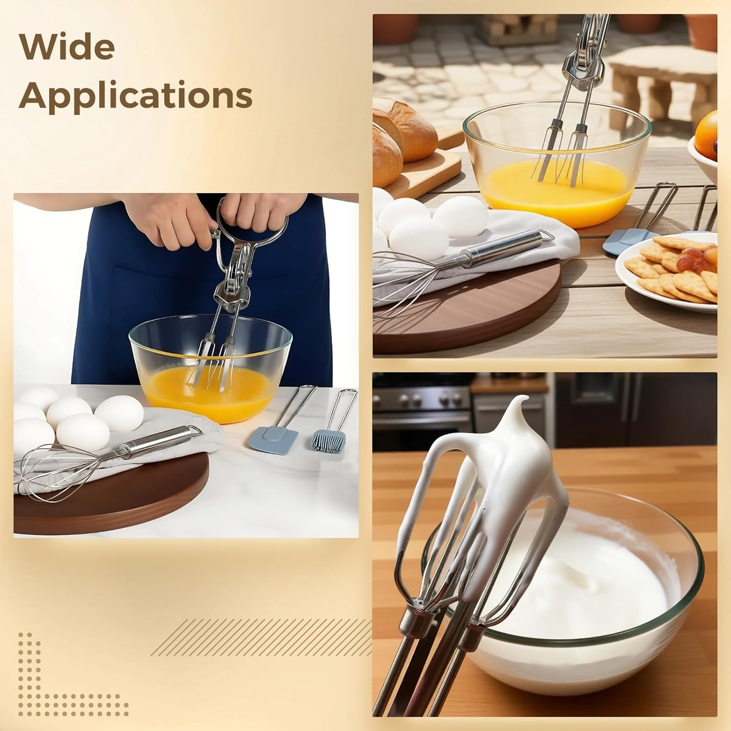 4 Pcs Egg Beater Set with Hand Crank Mixer, Whisk, Brush & Spatula, Stainless Steel Manual Hand Mixer for Blending and Mixing