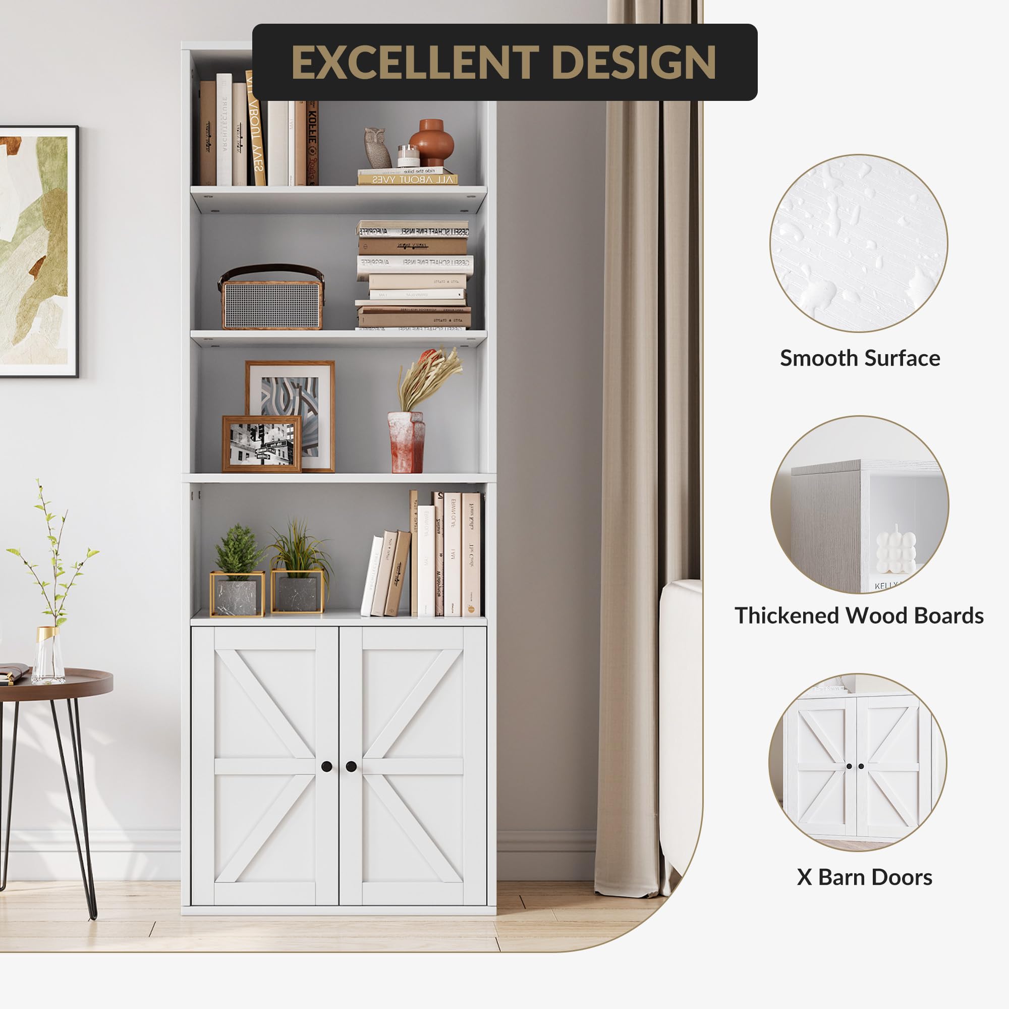 Librería Alta con Puertas de Estilo Granero, Estantería Rústica con 4 Niveles Abiertos y Armario, para Oficina, Estudio, Salón y Dormitorio, Blanco, 60x30x181cm