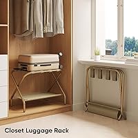 Vista 4 de Luggage Rack for Guest Room, Folding Suitcase Stand with Shoe Shelf, Easy Assembly, Portable, Hold up to 110 lb, Gold, 1 Pack