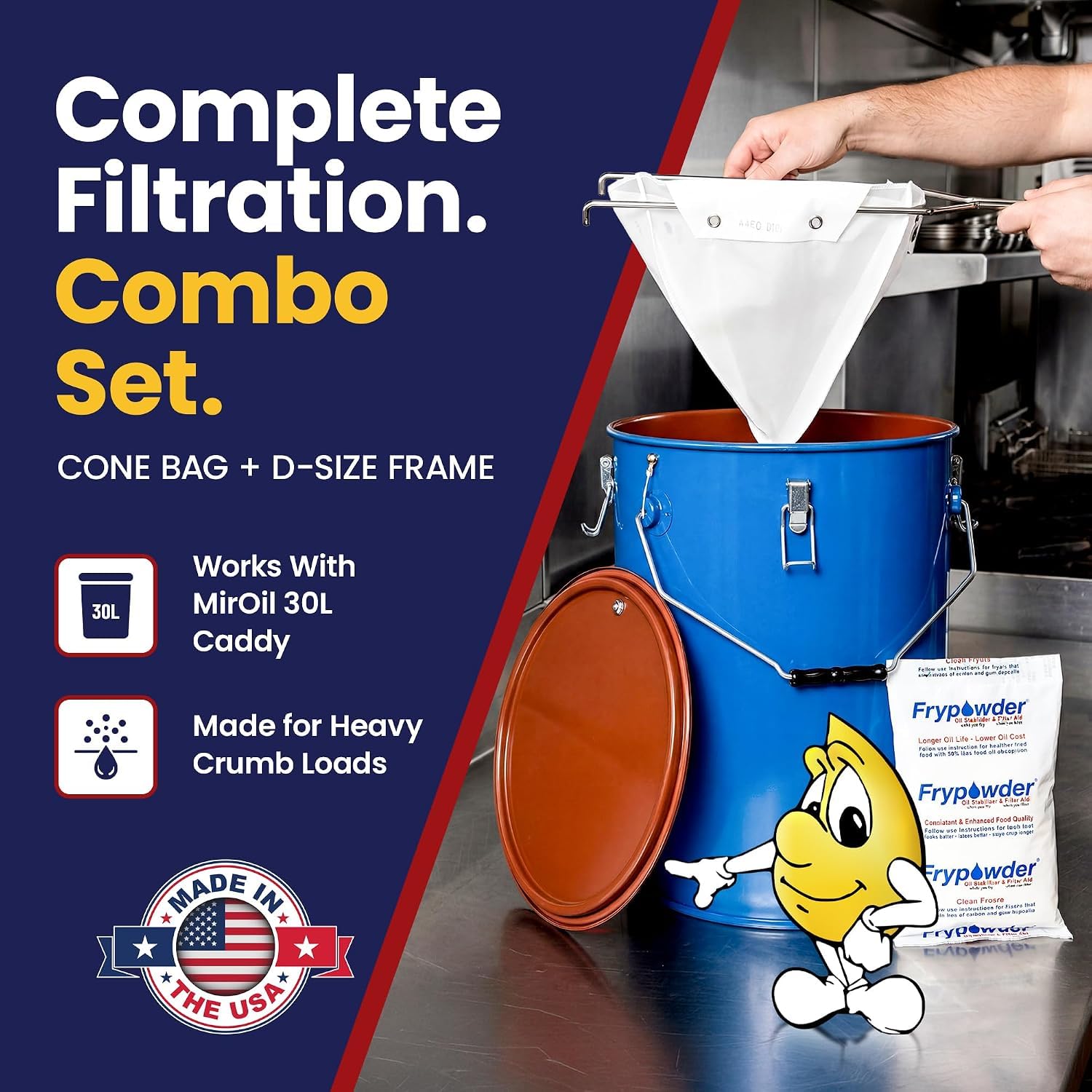 Miroil CONE2B Bolsa de filtro para freidora pequeña y marco de tamaño D, bolsa de filtro de flujo MirOil EZ y conjunto de combinación de marco, ideal para usar con carrito de aceite MirOil 30L,