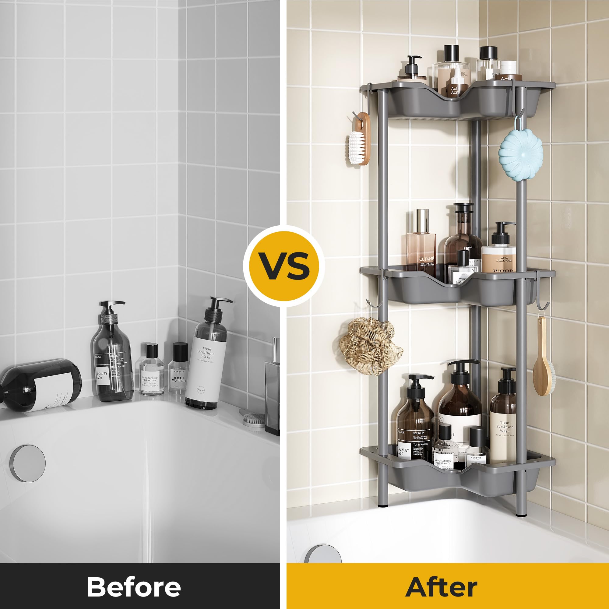 Oriware Porta Sapone per Doccia, Mensola Doccia Senza Foratura, Scaffale Angolare da Terra, Scaffale Bagno (Grigio, 3 Tier)