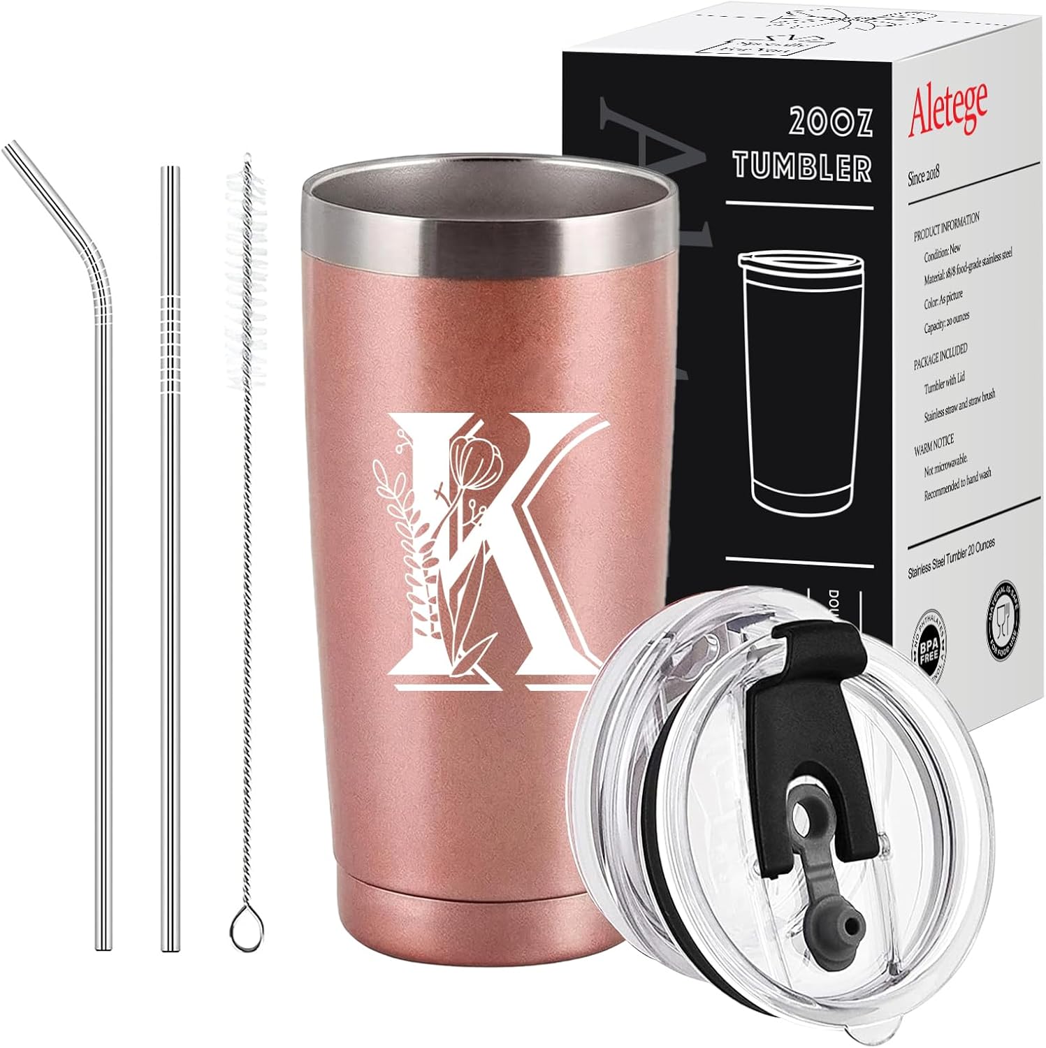 Letter K Insulated Travel Cup with Lid, Personalized Initial Mugs for Women, Letter K Gift Coffee Mugs for Women, Wife, Mom, Grandma, Bridal Shower Gifts, 20 OZ Rose Gold Two Lids