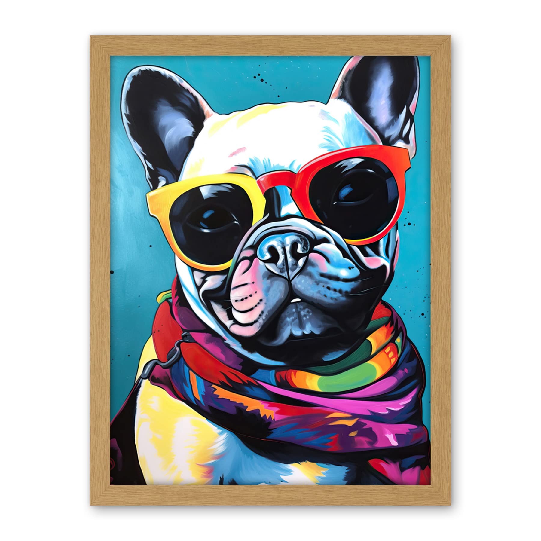 Artery8 French Bulldog in Sunglasses and Bandana Folk Art Artwork Framed Wall Art Print 18X24 Inch
