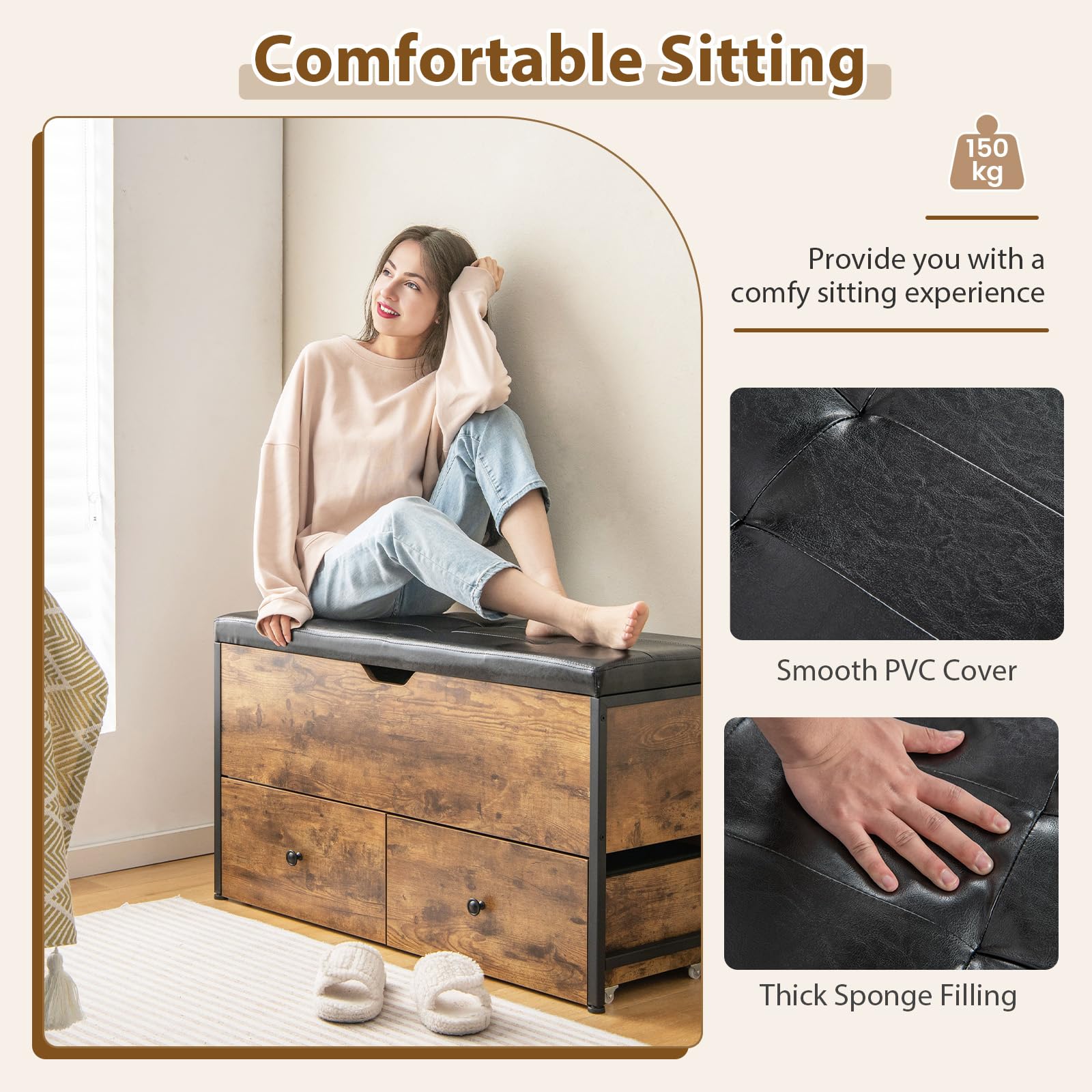 HOMASIS Panca con vano portaoggetti, scarpiera con seduta imbottita, cassapanca con 2 cassetti, apribile con poggiapiedi regolabili, stile vintage, portata 150 kg, 101 x 41 x 58 cm