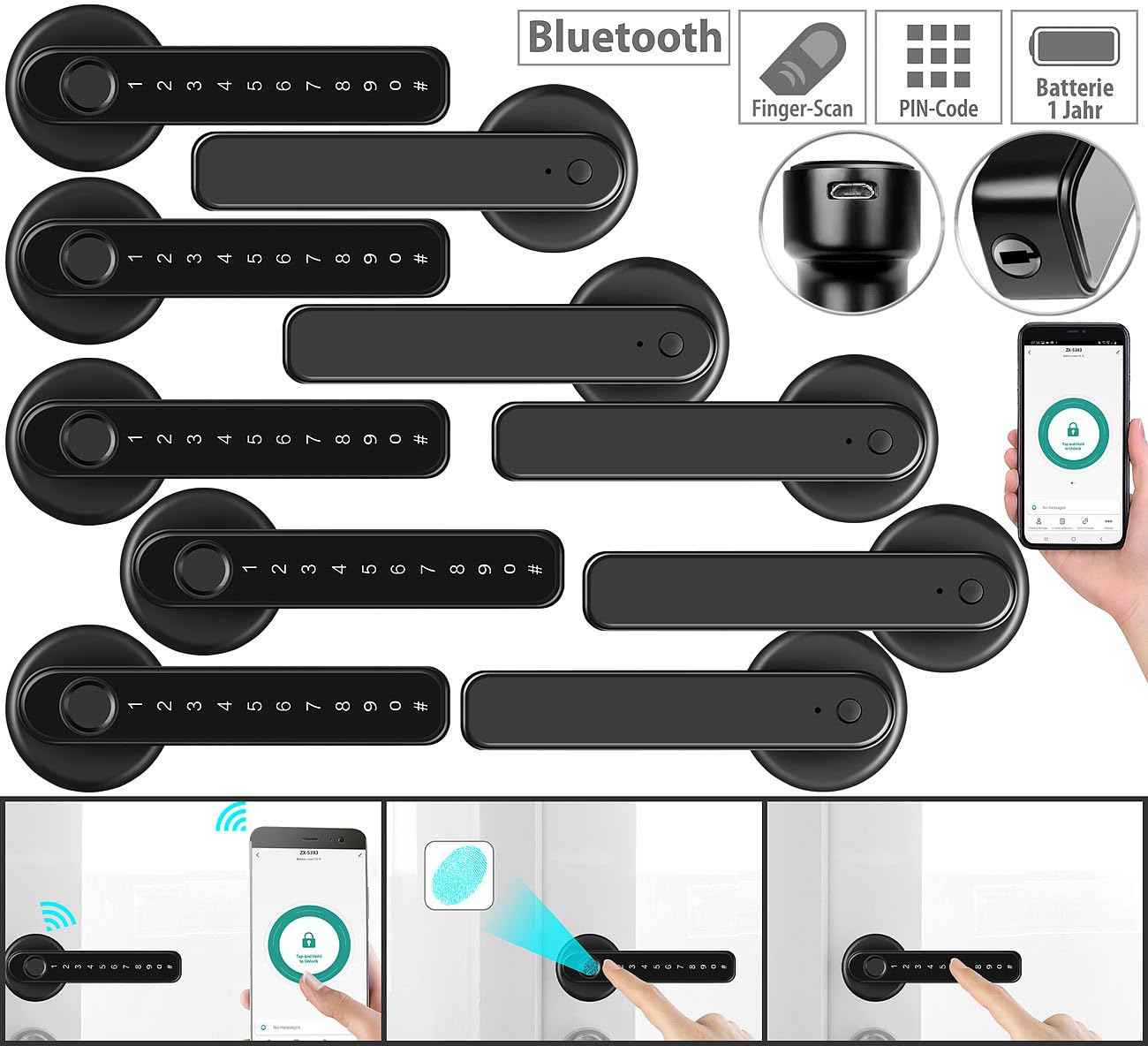 VisorTech ferramenta porta in acciaio inox: 5-set Serrature di sicurezza per porte, TSZ-800.V2, nero, Scanner per impronte digitali, inserimento PIN (ferramenta porta d'ingresso)