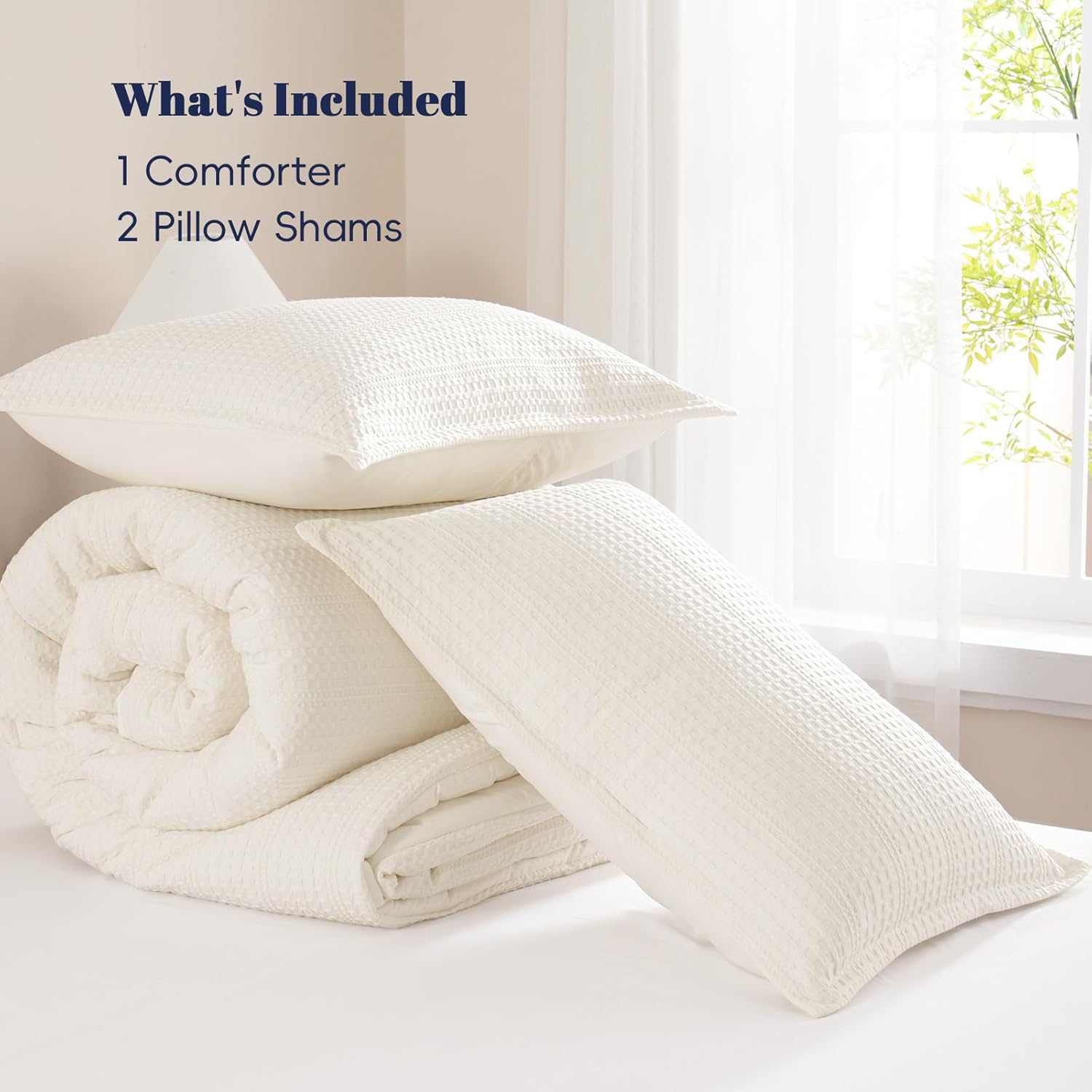 PHF Soft Waffle Comforter Set Queen Size- Comfy Breathable Waffle Weave Comforter with 2 Pillow Shams, 3 Pieces Less Snagging Lightweight Textured Bedding Set for All Season, Cream