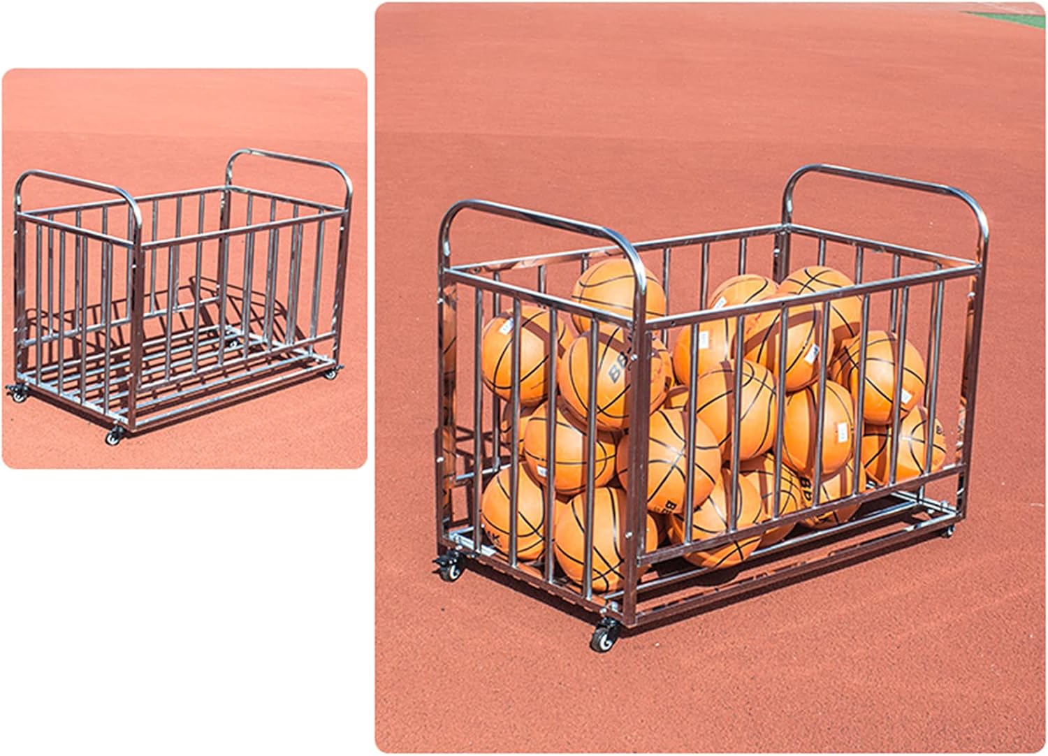 Stainless Steel Basketball Cart Ball Rack on Wheels, Portable Ball Cage Ball Locker Silver, Ball Storage Organizer for Garage Basement Entryway