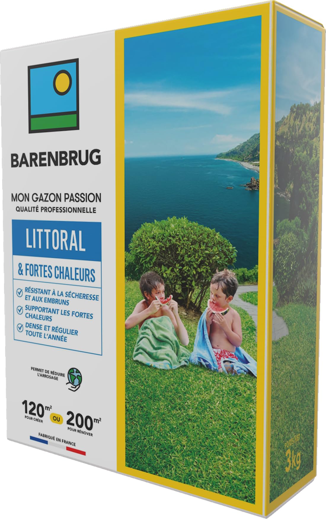 Barenbrug - Césped Litoral y Altas Temperaturas - Resistente a la Sequía y a la Vientos costeros - Soporta Altas Temperaturas - Denso y Uniforme Todo el Año - Fabricado en Francia - 3 Kg