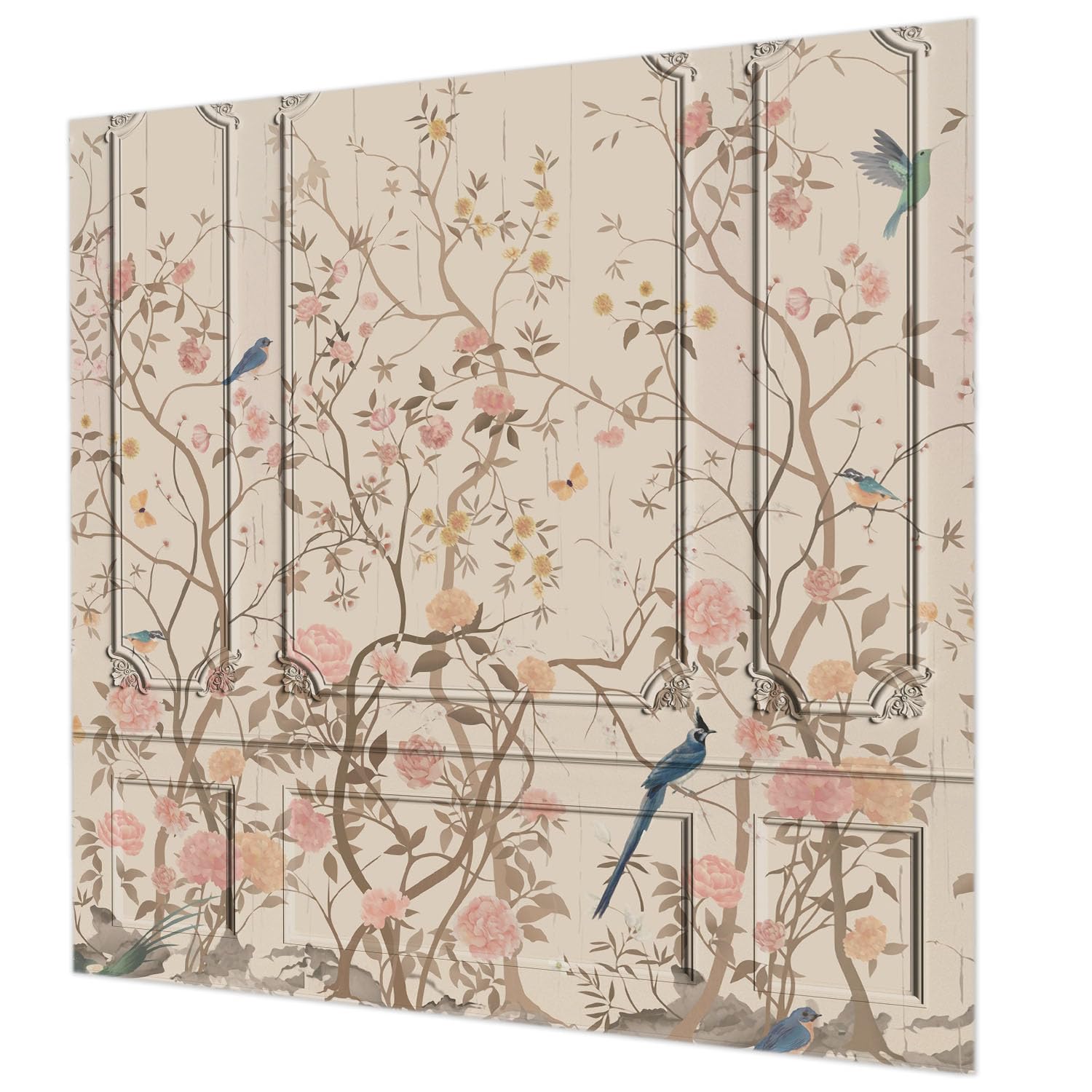 Oiseaux et fleurs pour ce décor mural intissé créant une ambiance de chambre apaisante