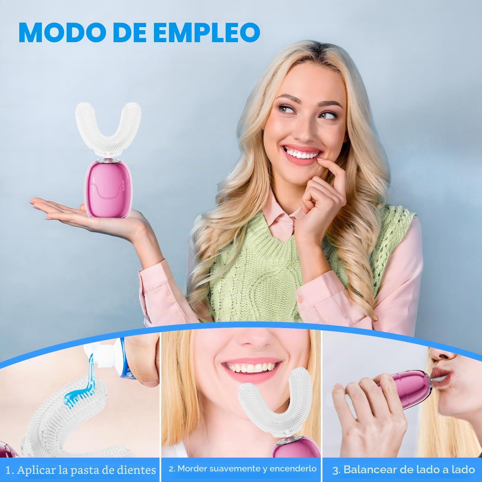 Cepillo de dientes eléctrico en forma de U para adultos: 360° de boca completa, limpieza rápida automática, blanqueamiento de dientes, recargable e impermeable IPX7