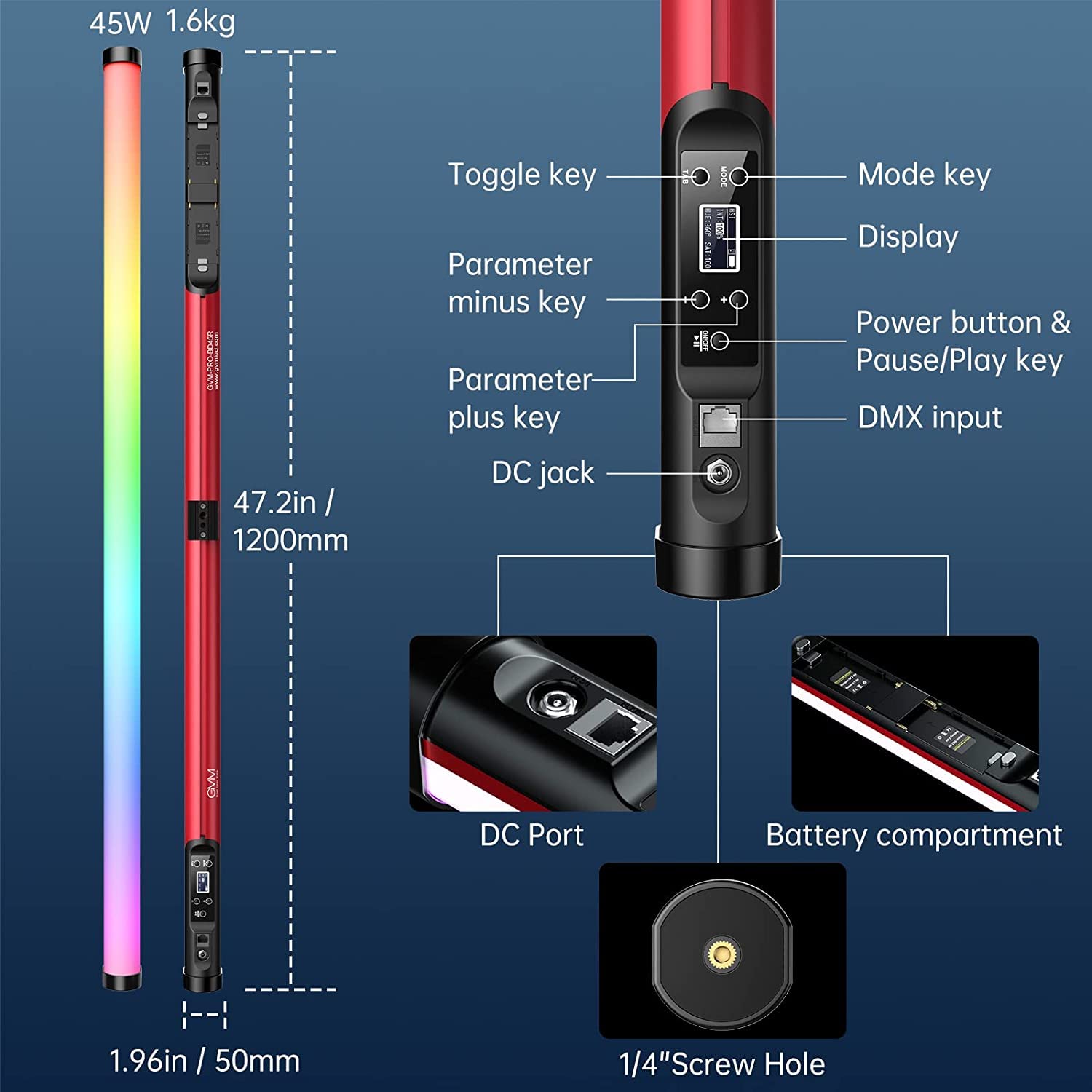 GVM LED Video Lichtstab, 120cm 45W 2700K-10000K RGB Fotografie Lichtstab, Studiolicht Video Beleuchtung für Fotografie Studio Video Film YouTube TikTok, 12 Lichteffekte und 6 Pixel Effekte, DMX/APP